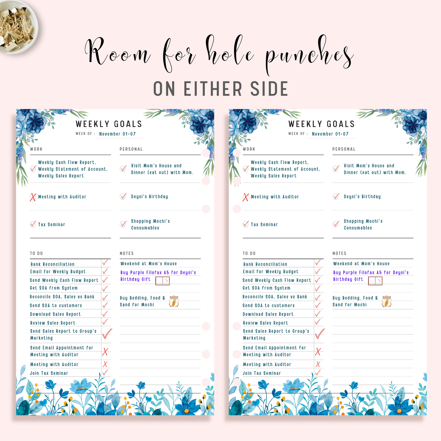 Blue Floral Weekly Goal Tracker Planner Printable with room for hole punches on either side