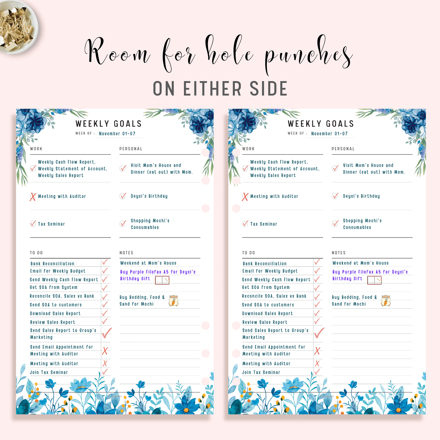 Blue Floral Weekly Goal Tracker Planner Printable with room for hole punches on either side