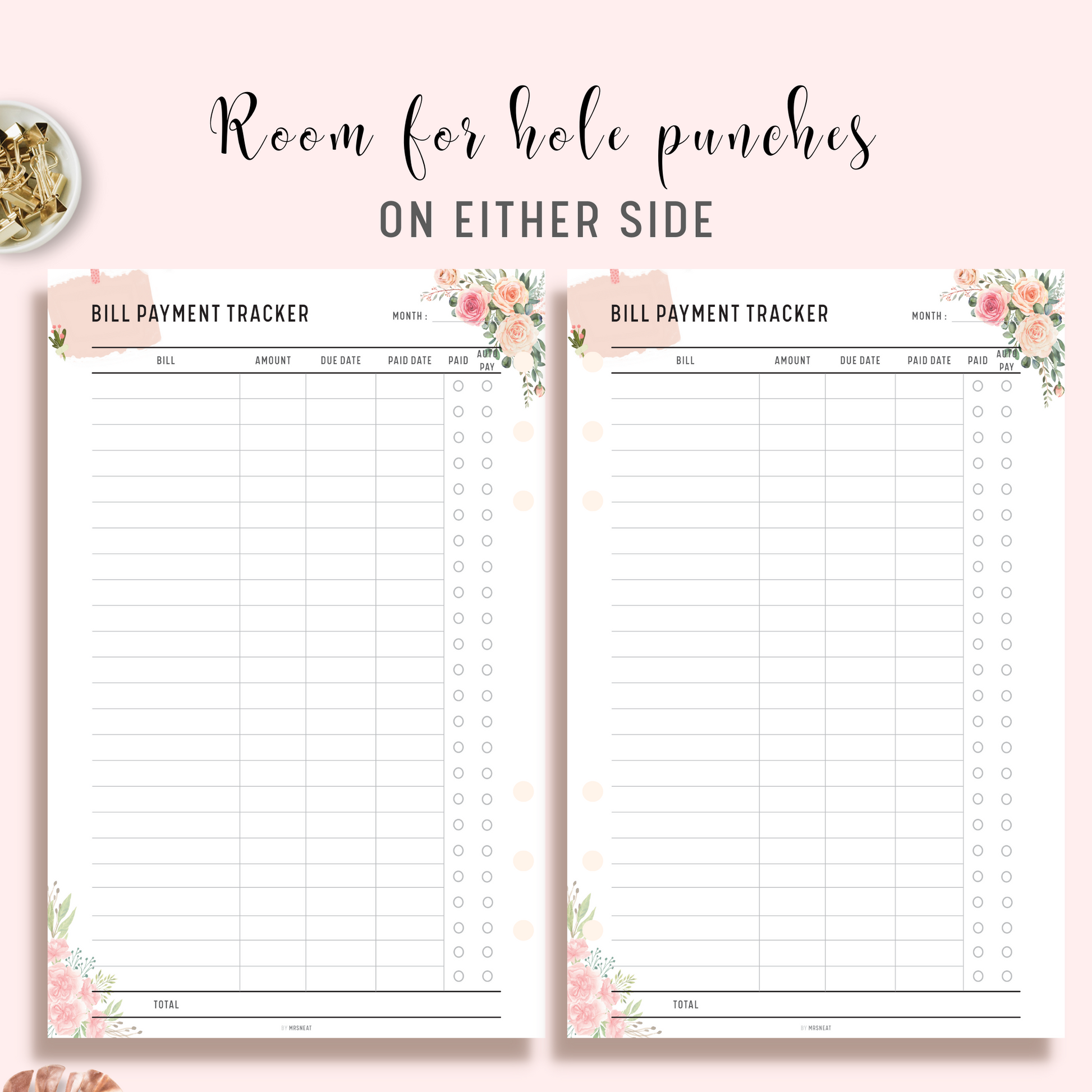 Floral Bill Payment Tracker Planner Printable with room for hole punches on either side