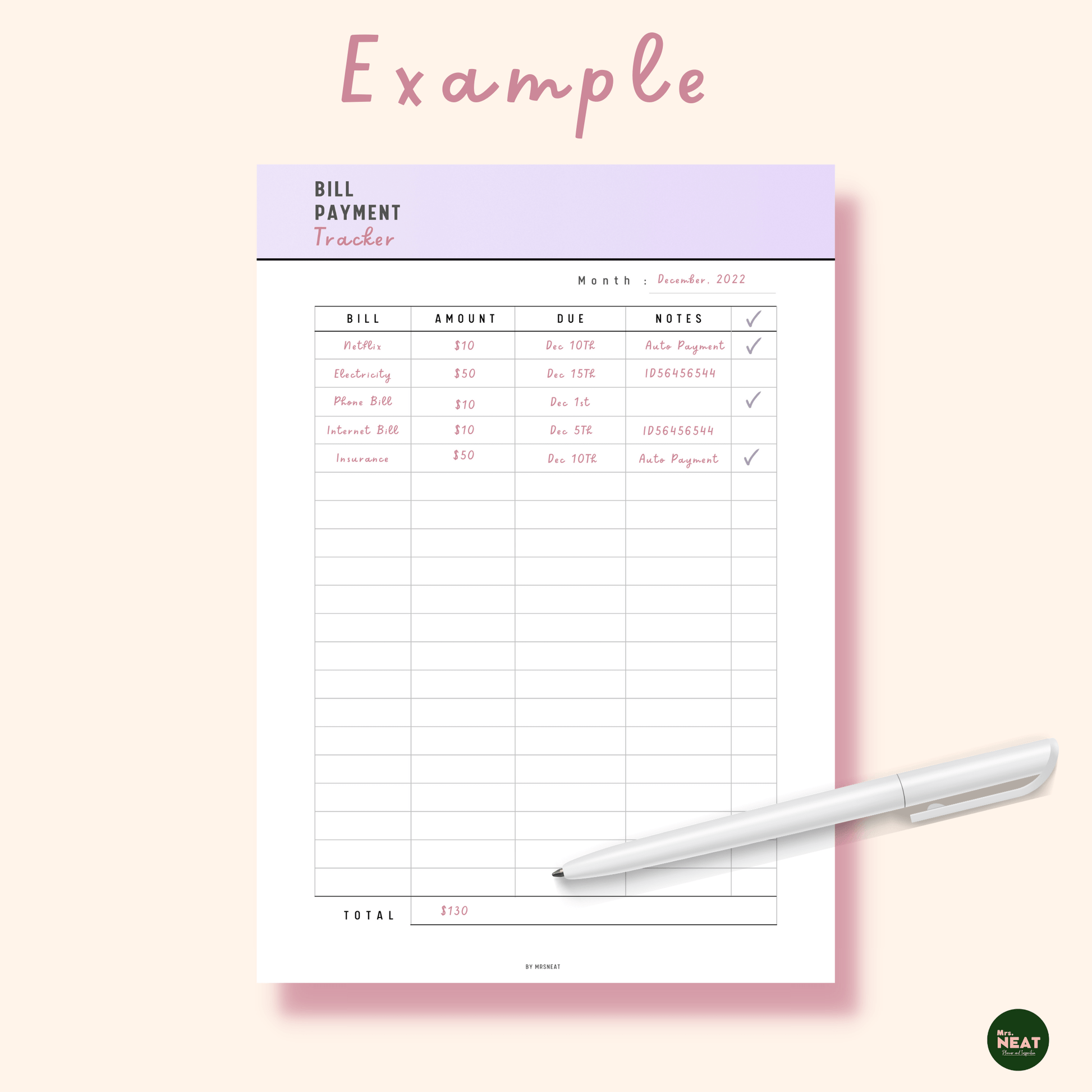 Beautiful Purple Bill Payment Tracker Planner with list of bill, amount and total as an example