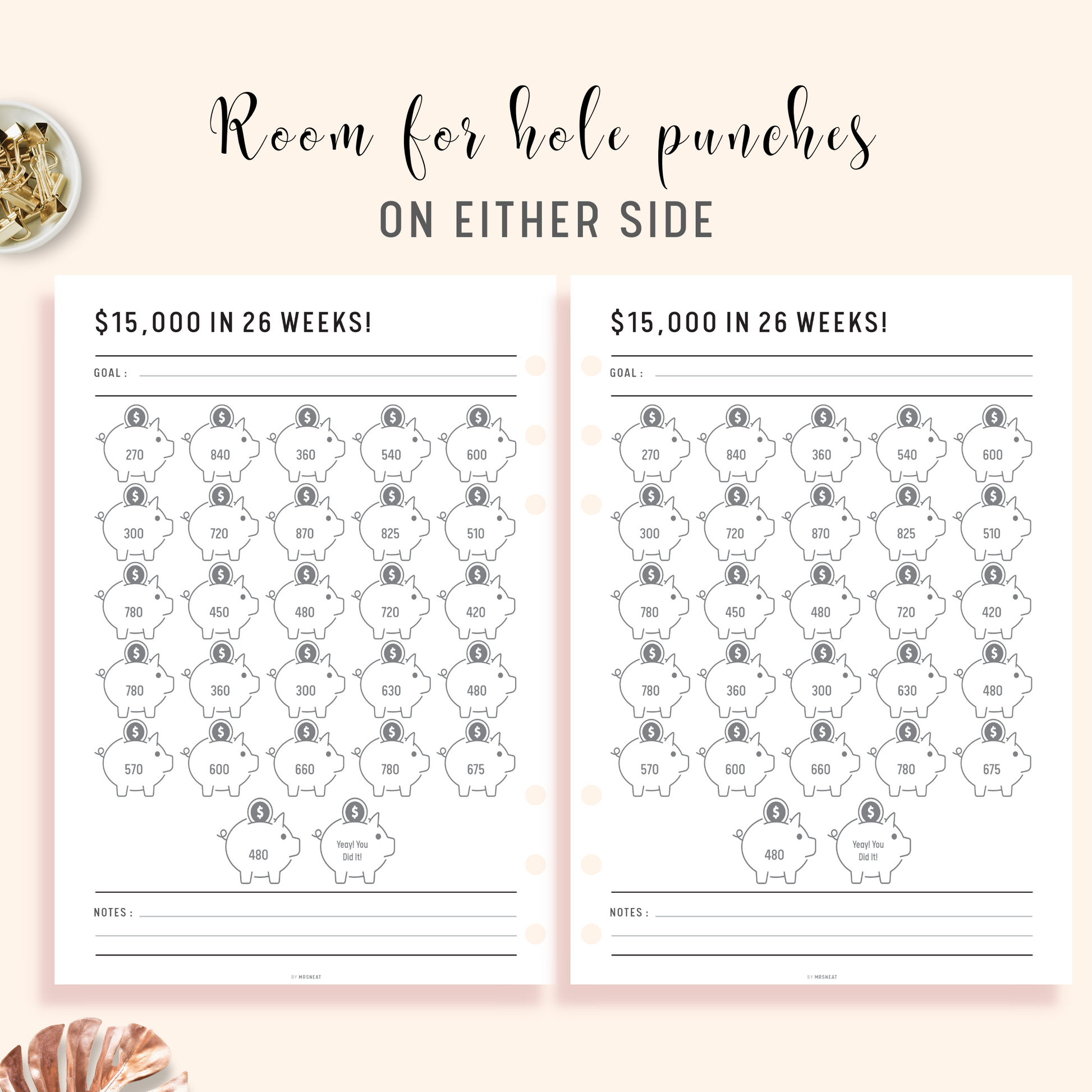 $15,000 Savings Challenge in 26 Weeks Planner with room for hole punches on either side