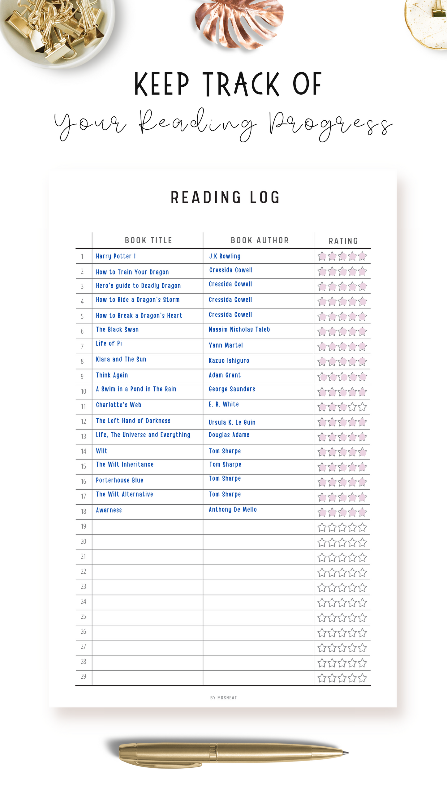 Clean and beautiful reading log with minimalist design to track of reading progress