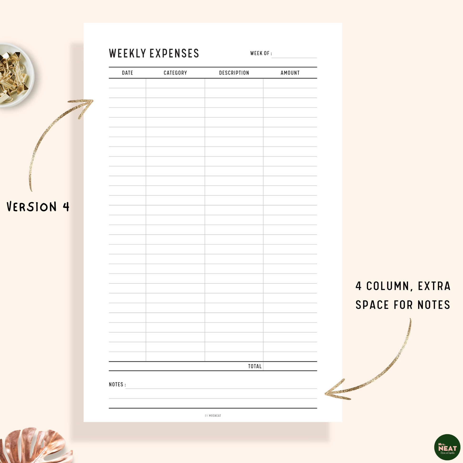 Weekly Expenses Tracker Planner Printable with room for date, amount, category, desc and notes