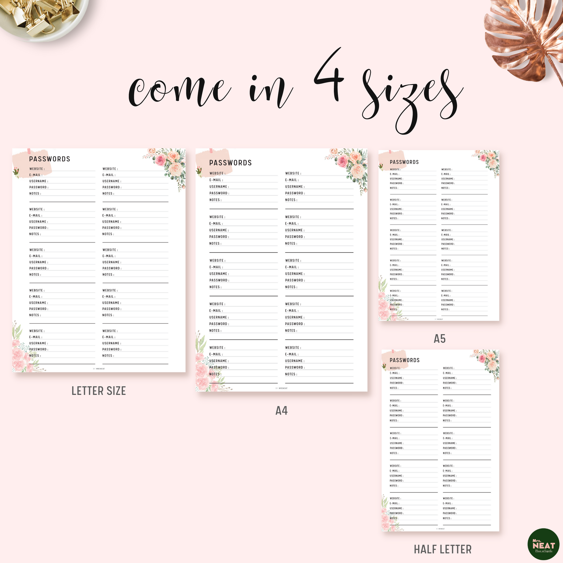 Floral Password Tracker Planner Printable in A4, A5, Half Letter and Letter size