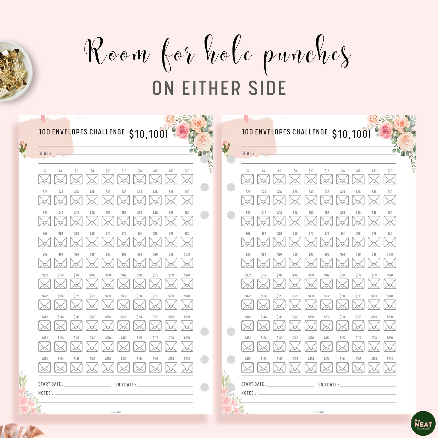Floral 100 Envelopes Challenge Planner with room for hole punches on either side