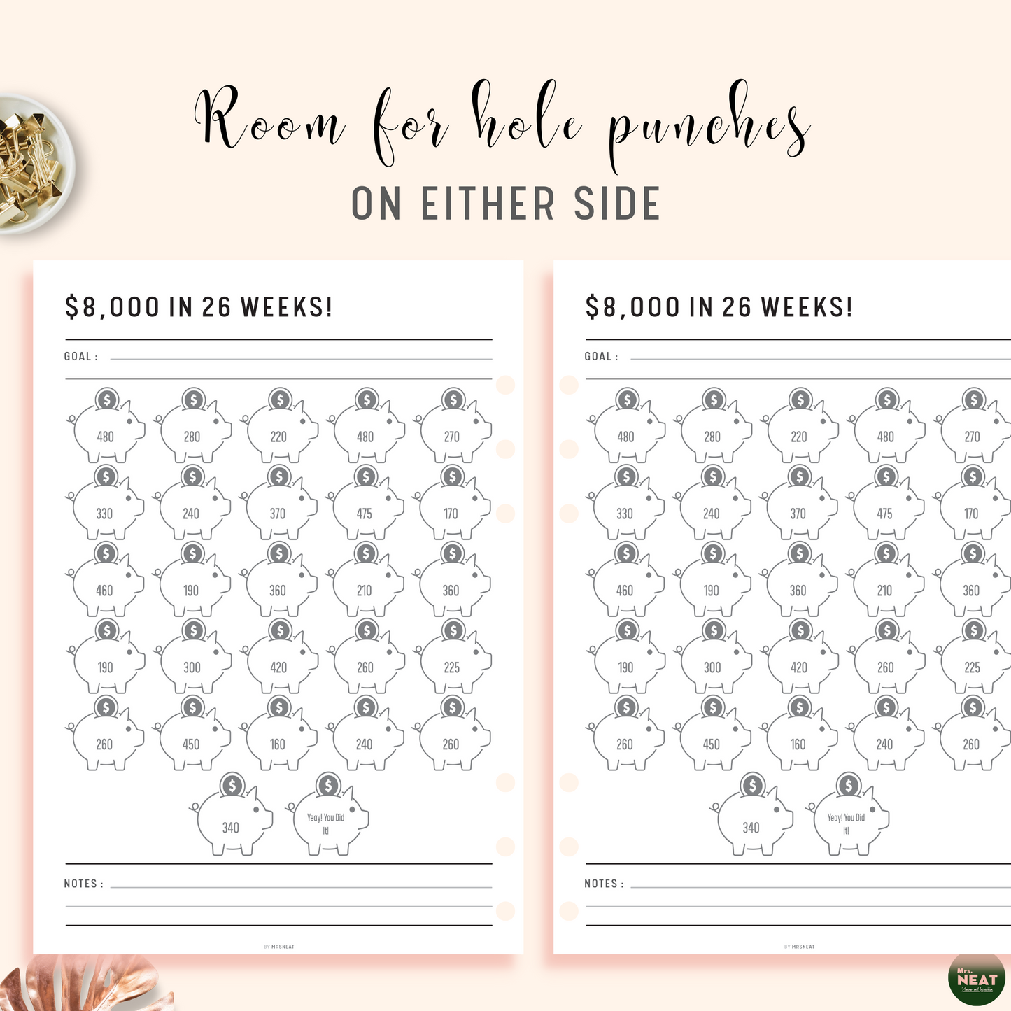 $8000 Money Saving Challenge Planner in 26 Weeks with room for hole punches on either side