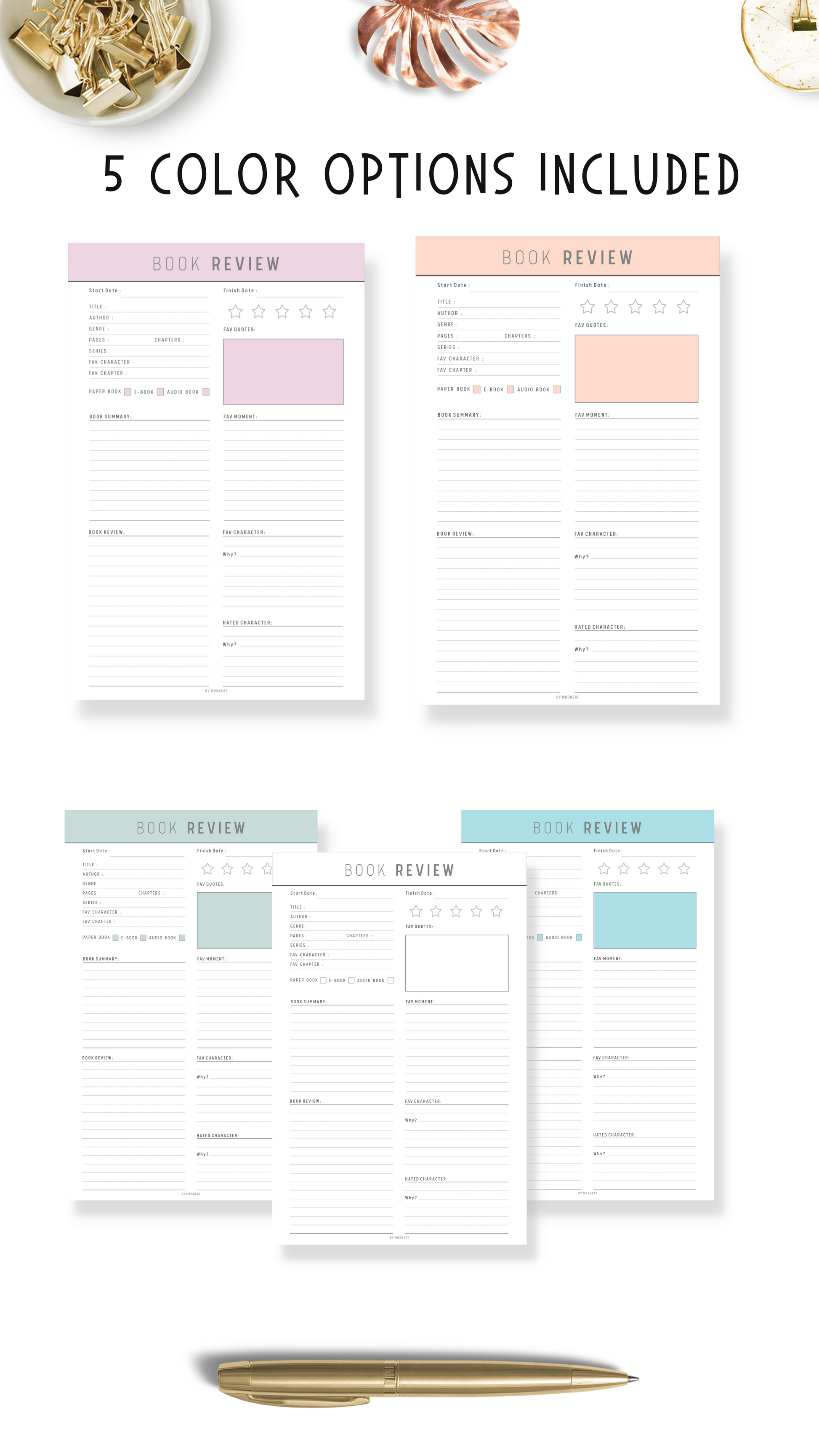 Five Pages Beautiful and Cute Book Review Planner in Purple, Pink, Green, Blue and Neutral