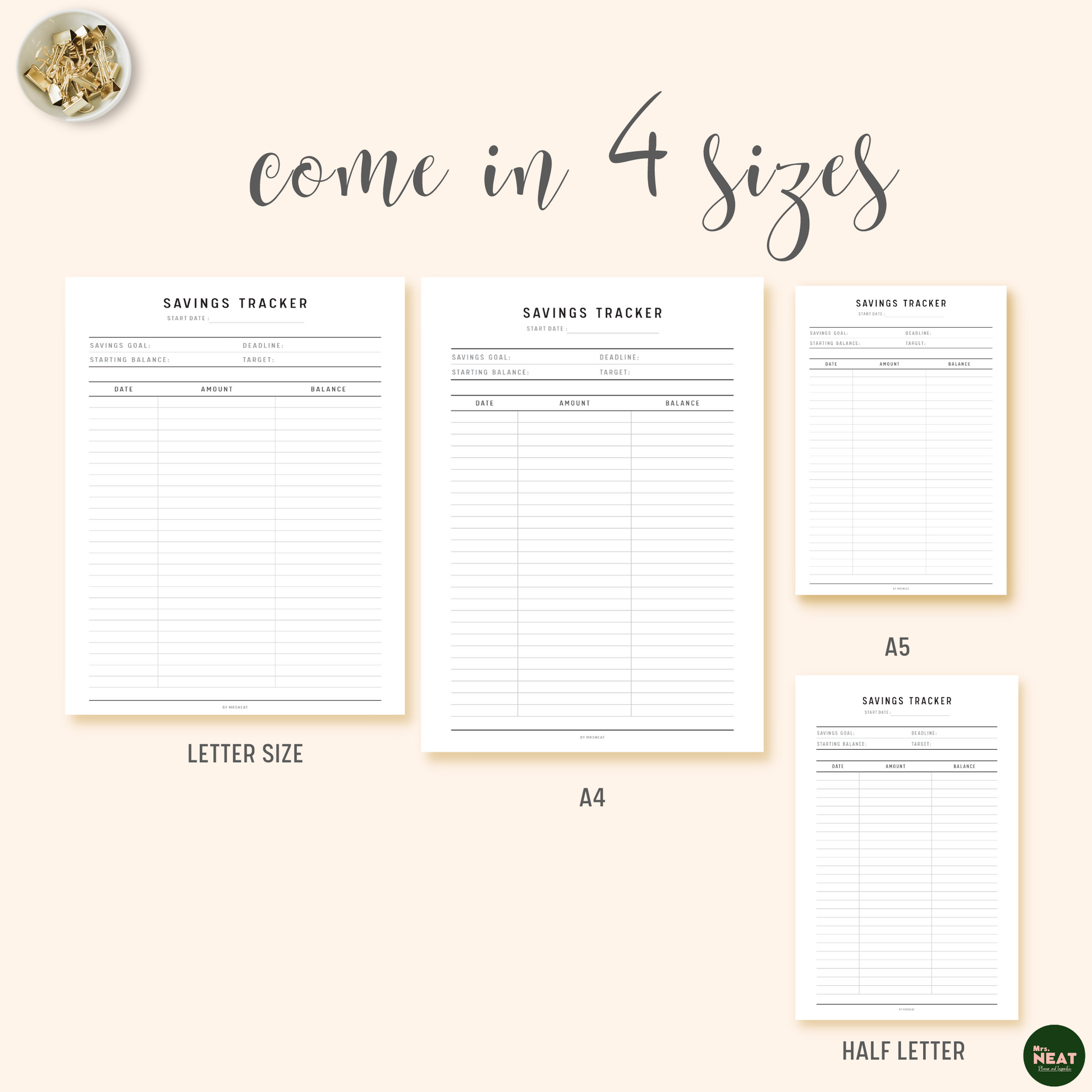 Saving Tracker Planner Printable in A4, A5, Letter and Half Letter size