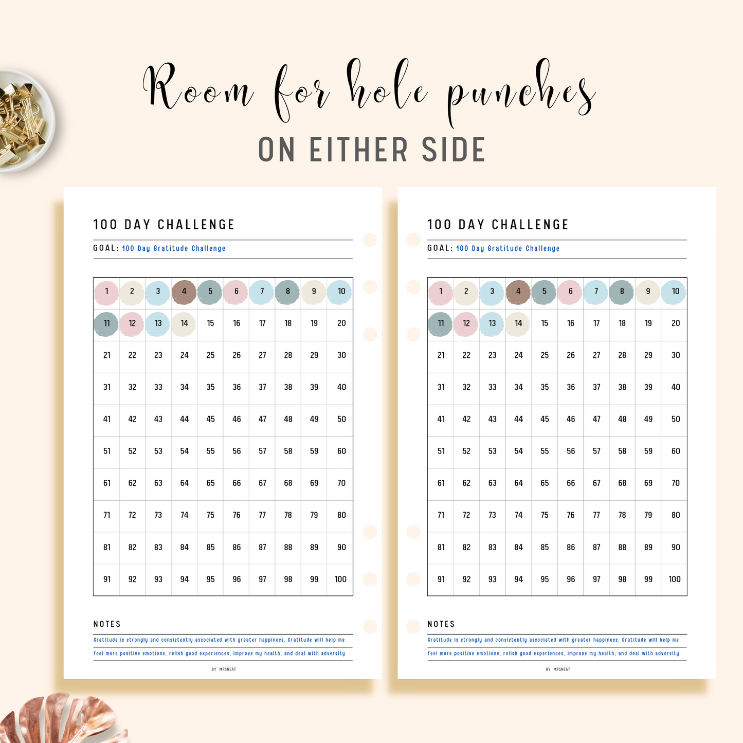 100 Day Challenge Habit Tracker Printable Planner with room for hole punches on either side