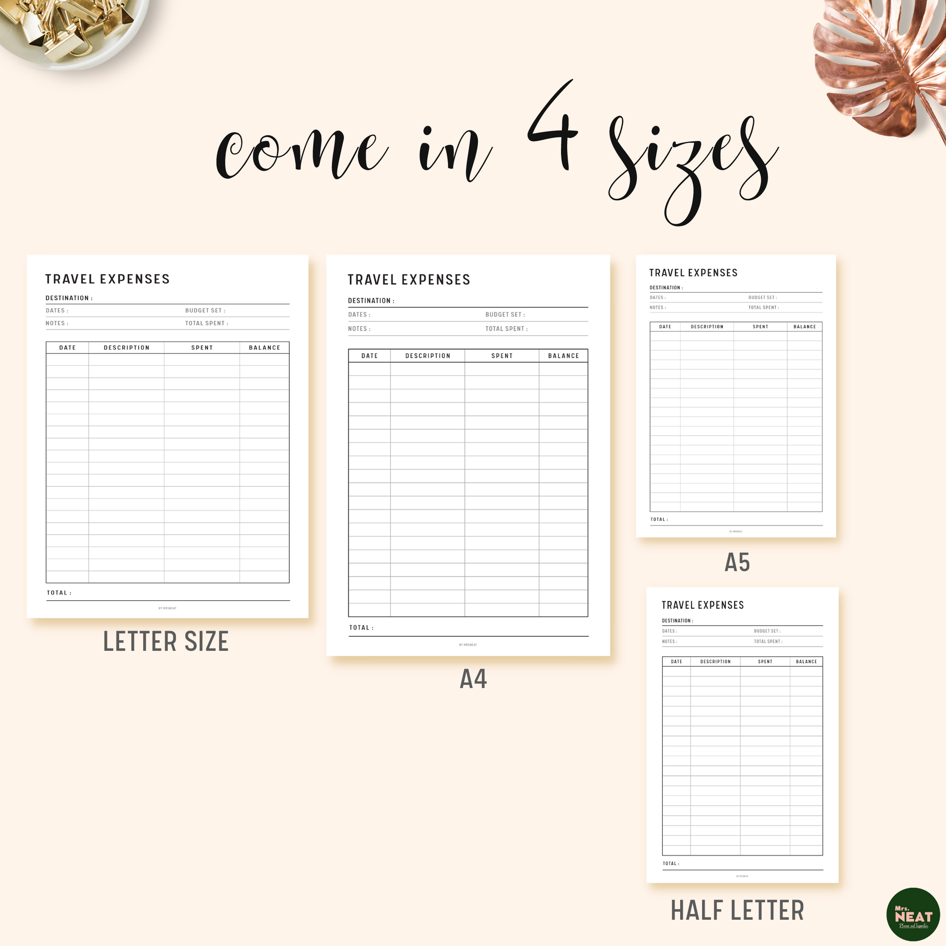 Travel Expenses Tracker Planner Printable in A4, A5, Letter and Half Letter size