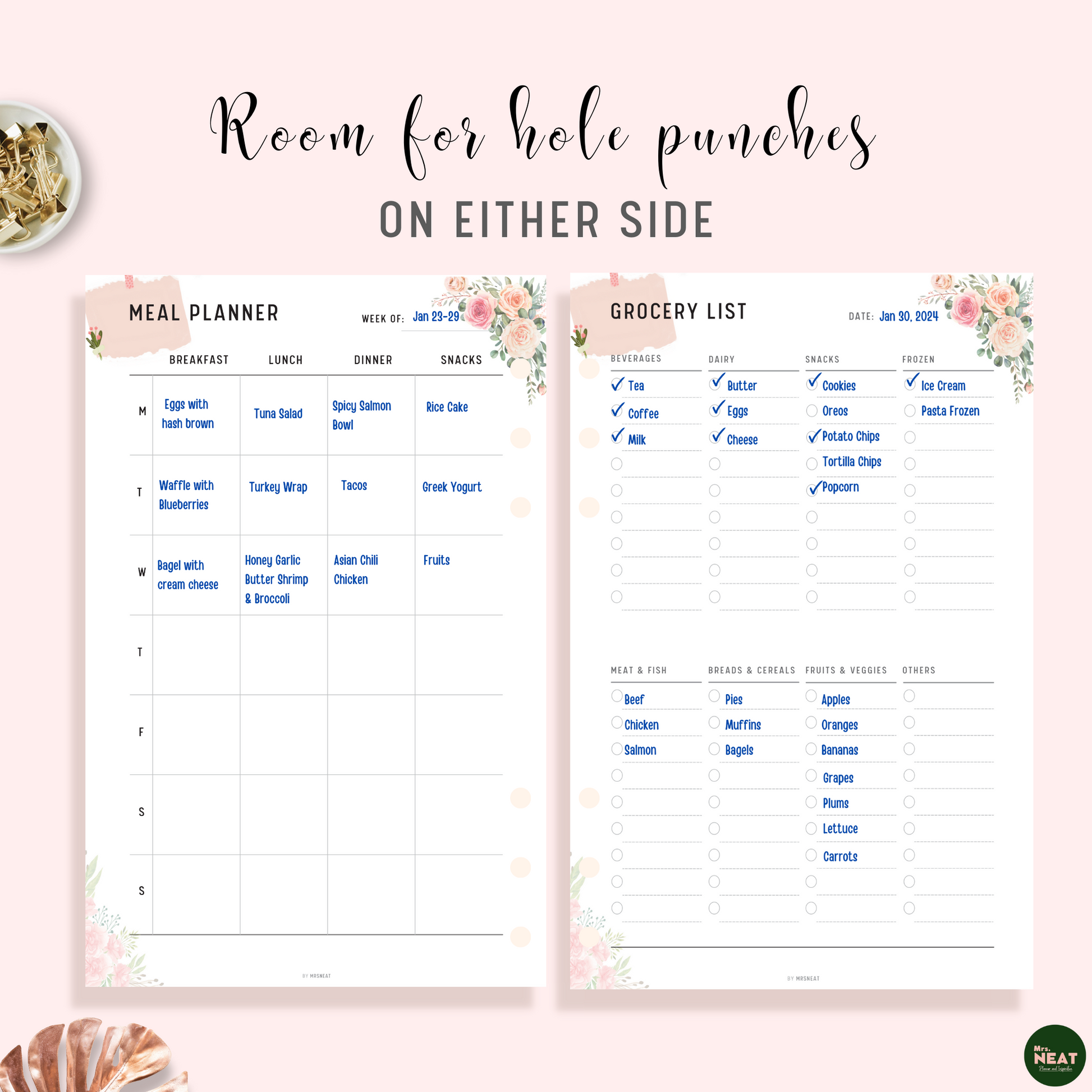 Floral Weekly Meal Planner and Grocery Shopping List Planner Printable with room for hole punches on either side
