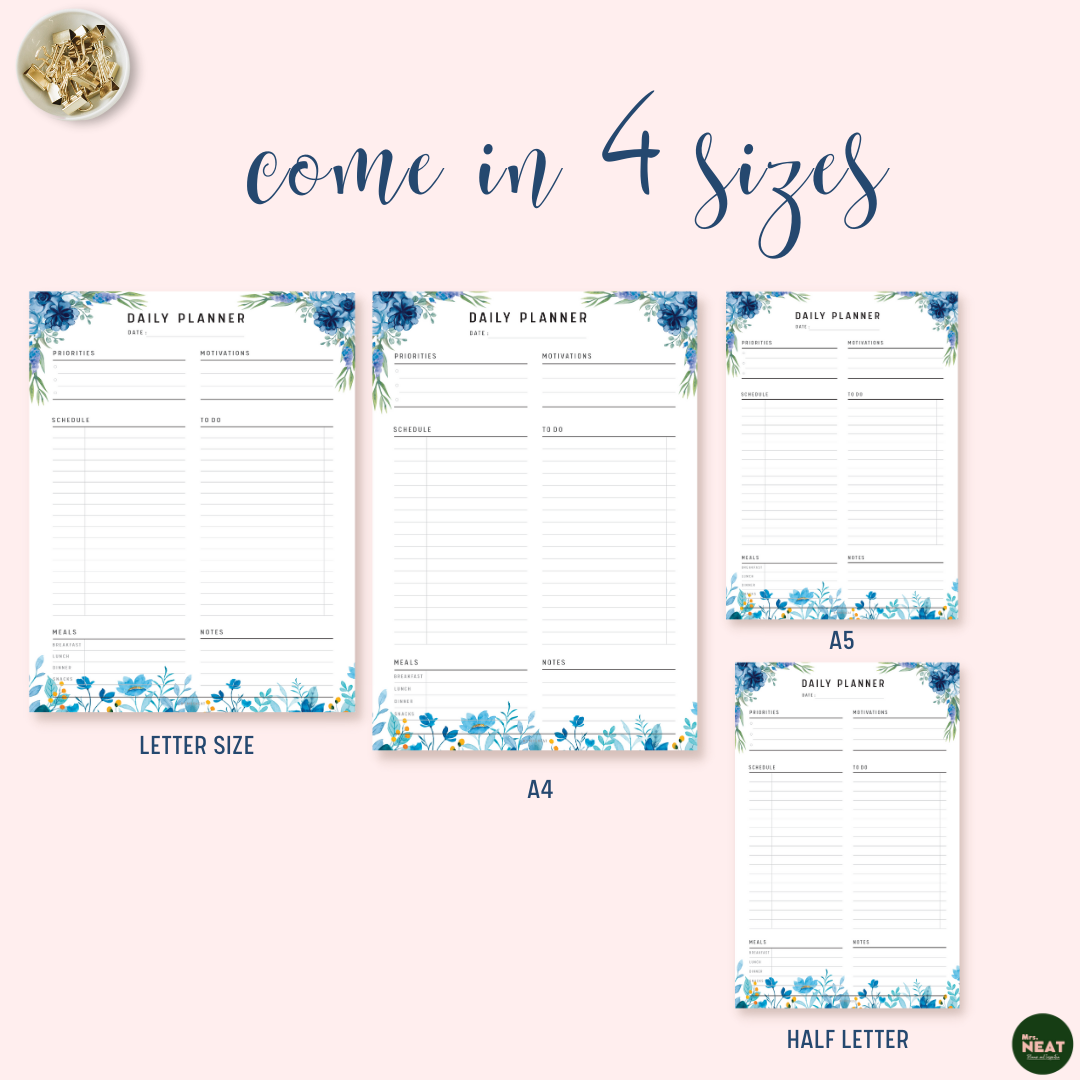 Blue Floral Daily Planner Printable in A4, A5, Letter and Half Letter size