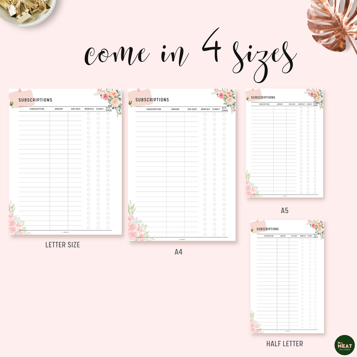 Floral Subscription Tracker Planner Printable in A4, A5, Letter and Half Letter size