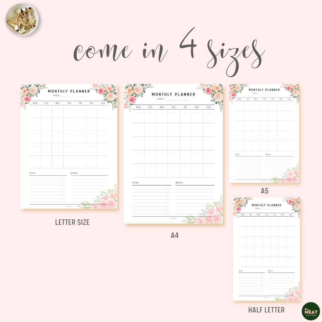 Pink Floral Monthly Planner Printable in A4, A5, Letter and Half Letter size