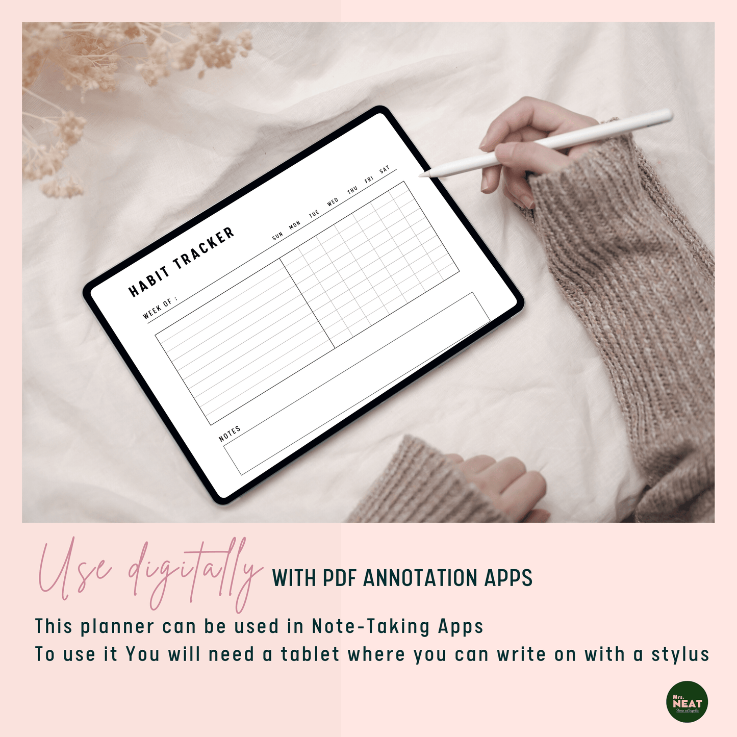 Minimalist Weekly Habit Tracker Planner use digitally with Tablet and Stylus