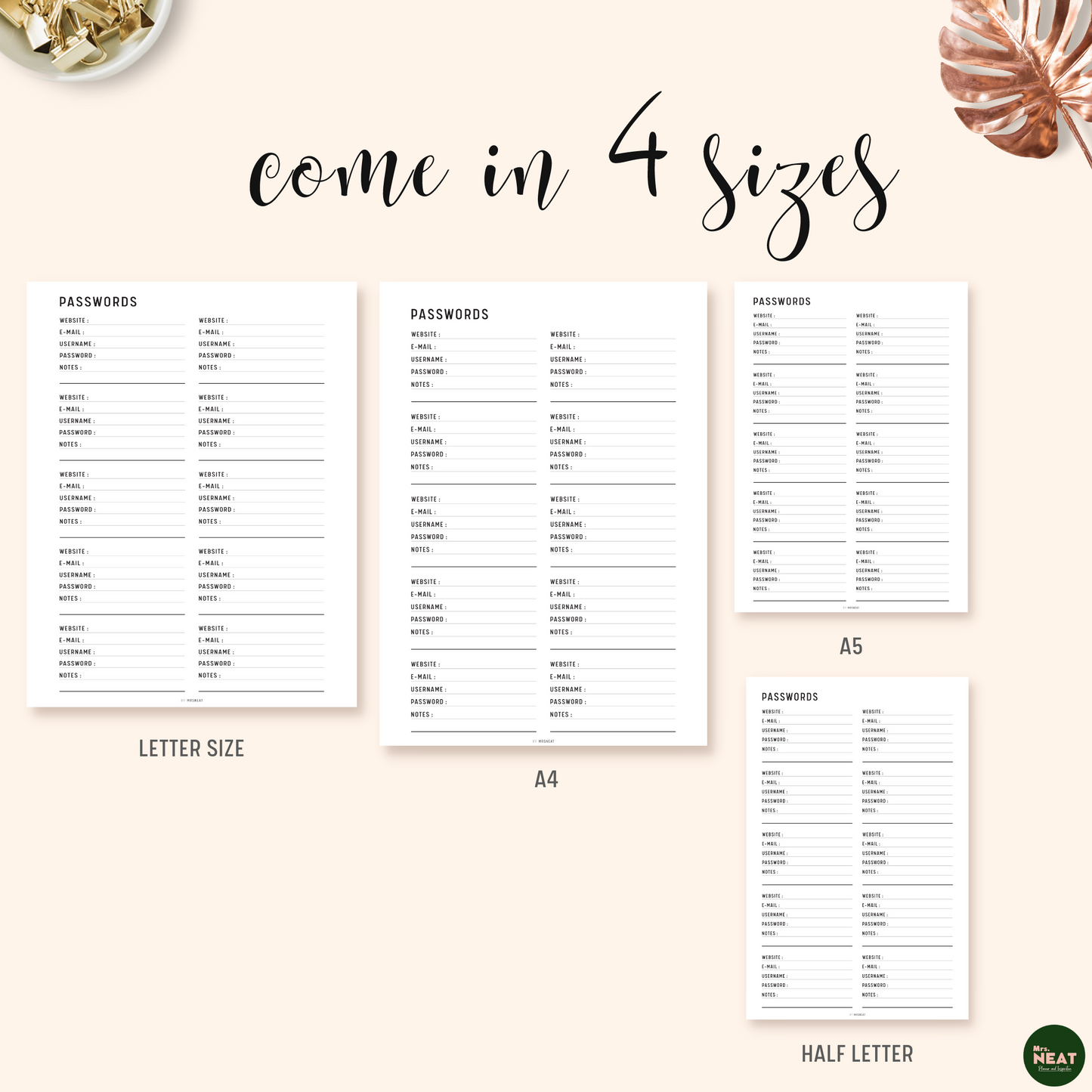 Password Tracker Planner Printable in A4, A5, Half Letter and Letter size