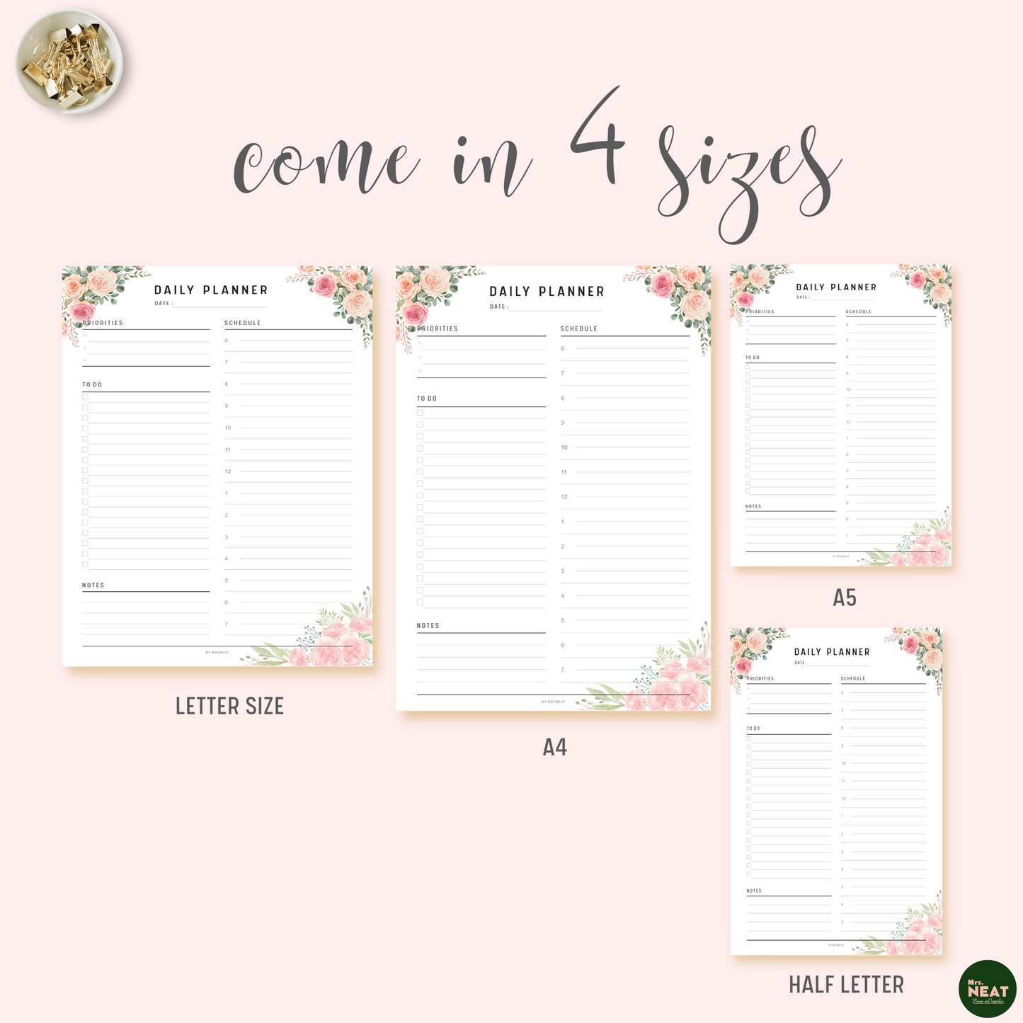 Floral Daily Planner Printable in A4, A5, Letter and Half Letter size