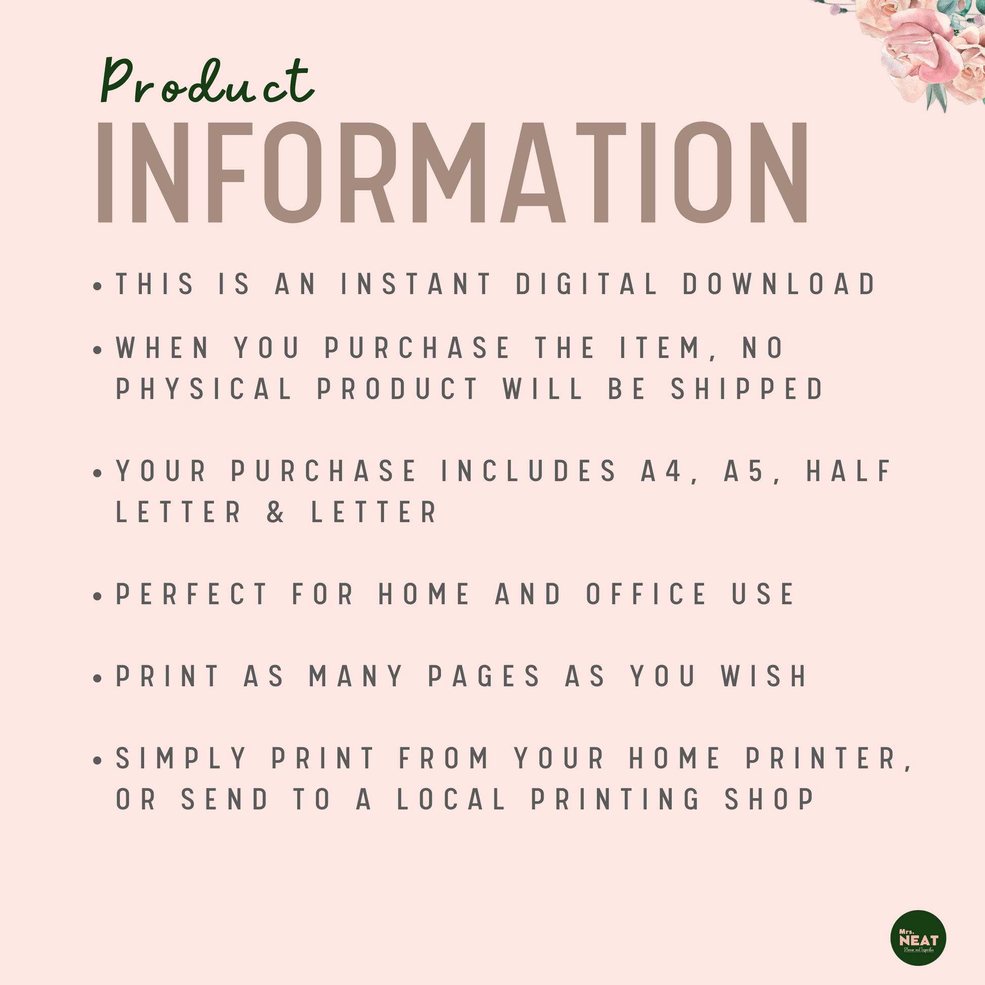 Floral Monthly Finance Planner Product Information