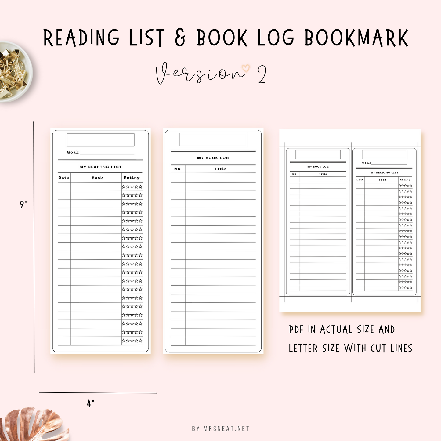 Beautiful and clean reading list and book log bookmark in minimalist design on actual size and letter size with cut lines