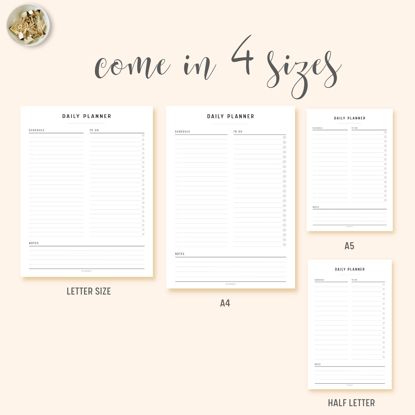 Simple and Minimal Daily Planner Printable in A4, A5, Letter and Half Letter size
