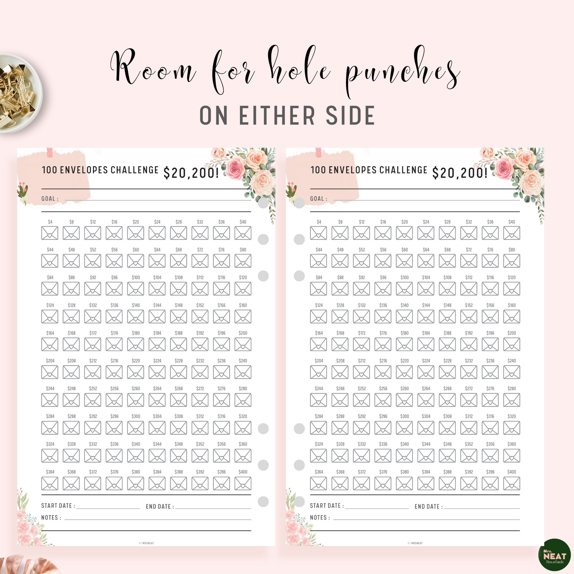 Saved $20,200 in 100 Envelope Beautiful Floral Saving Challenge Planner with room for hole punches on either side