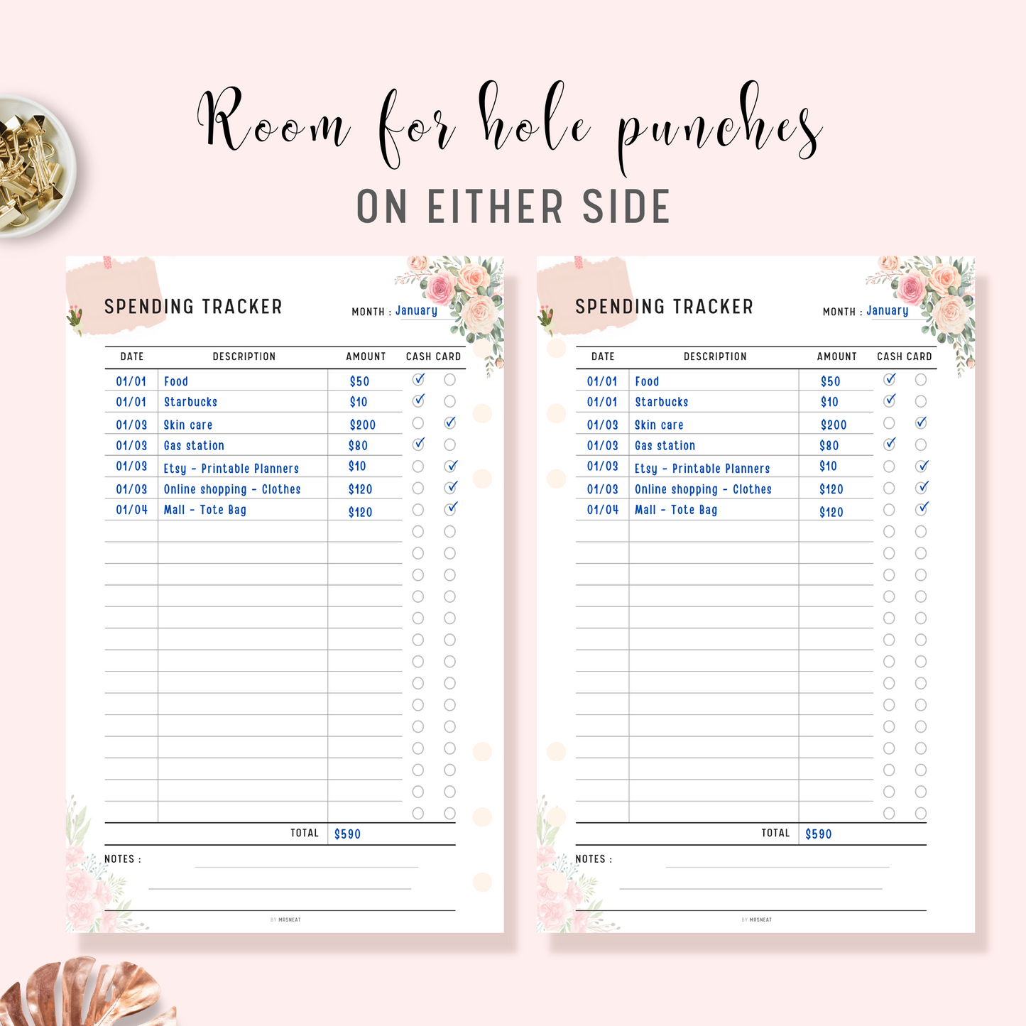 Floral Spending Tracker Printable Planner with room for hole punches on either side