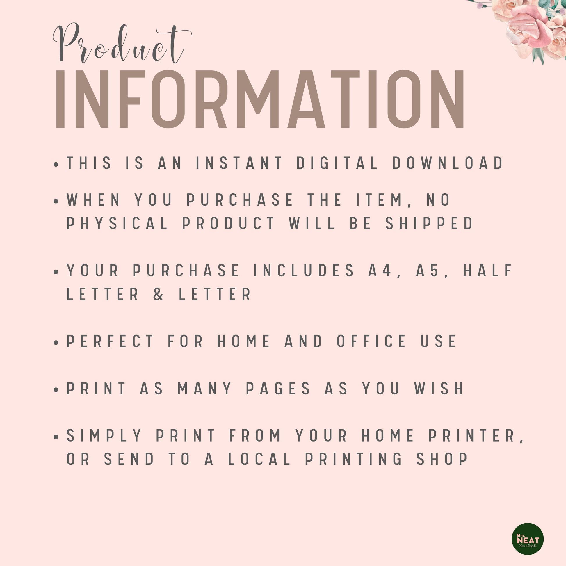 Floral Weekly Planner Product Information