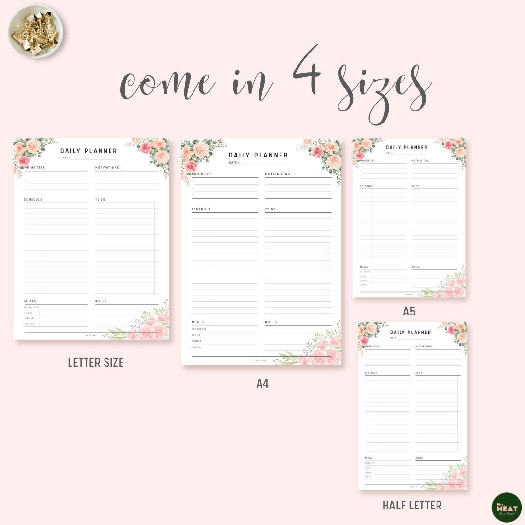 Pink Floral Daily Planner Printable in A4, A5, Letter and Half Letter size