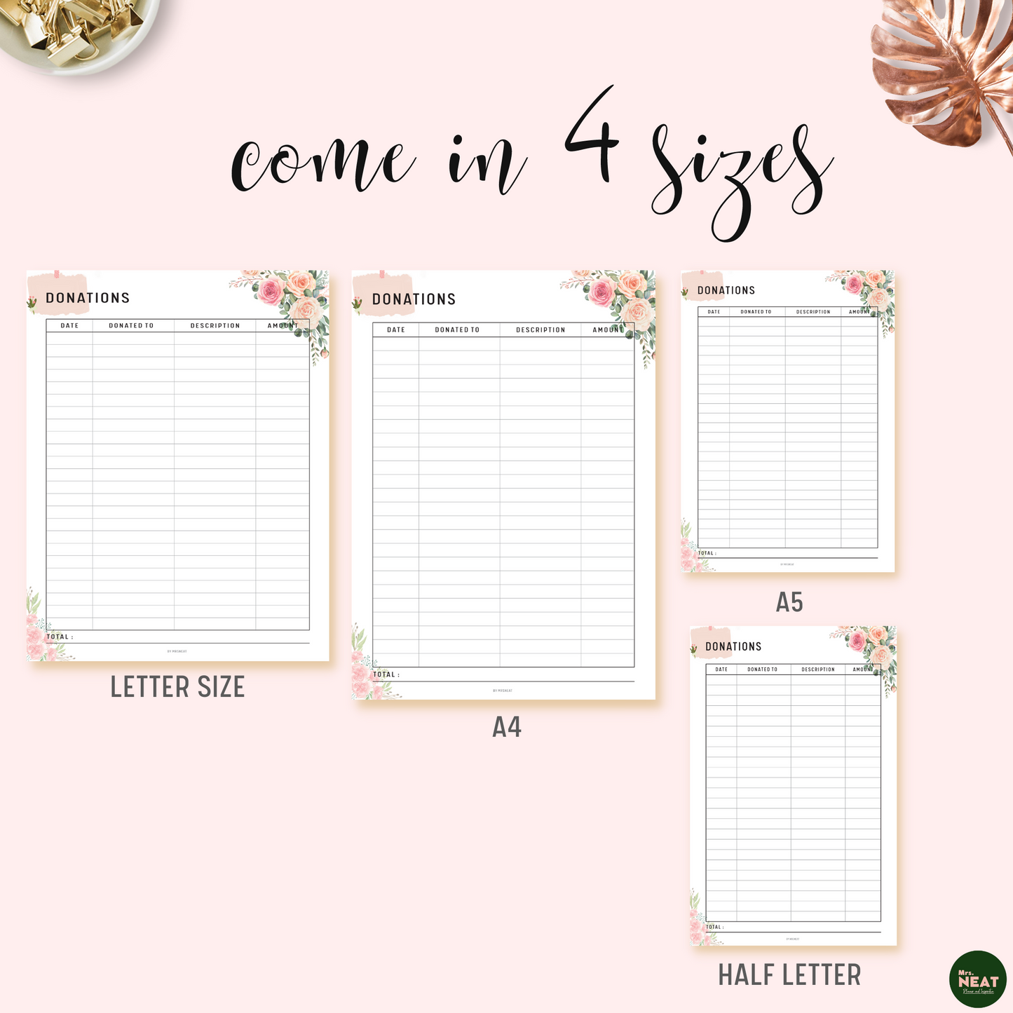 Floral Donation Tracker Planner Printable in A4, A5, Letter and Half Letter size