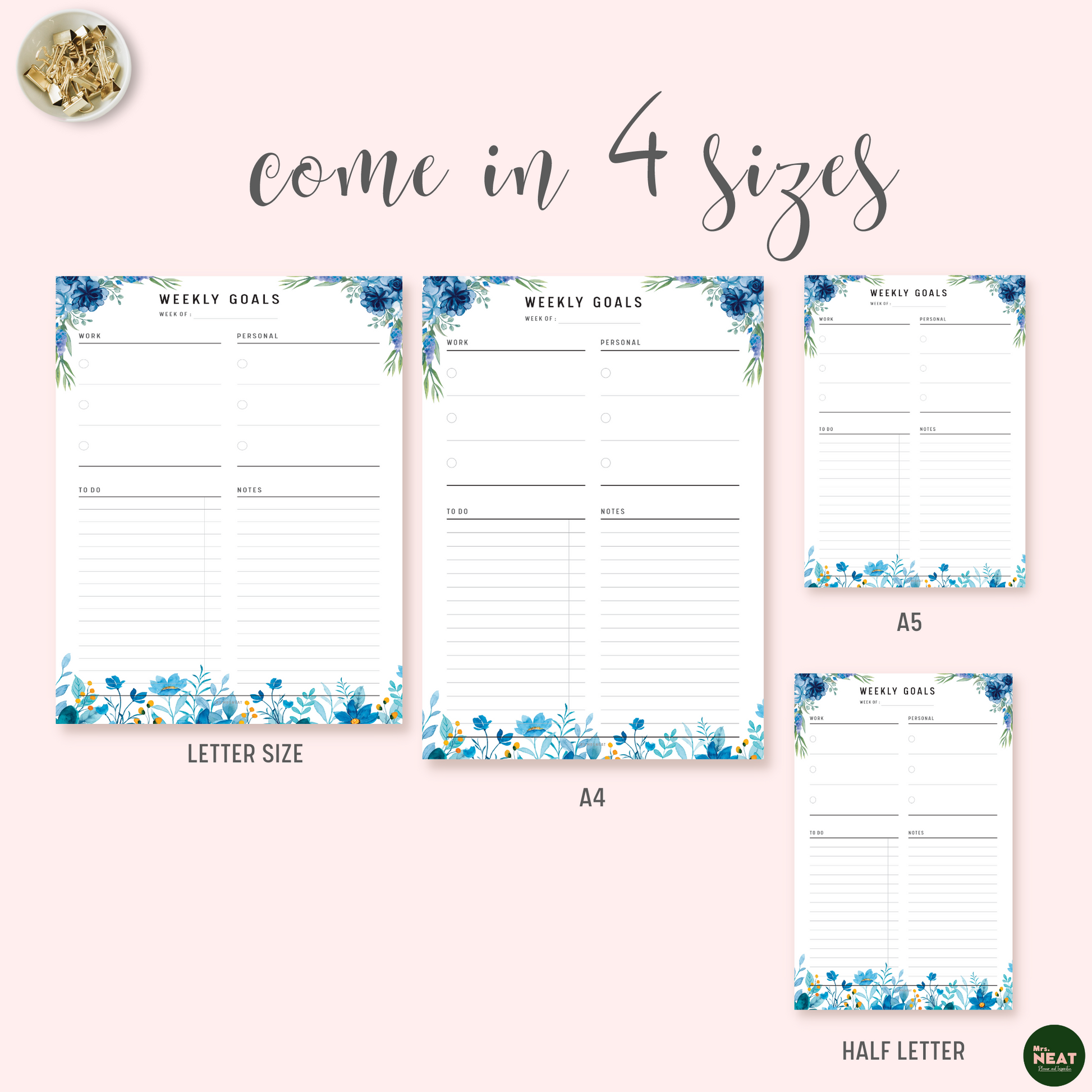 Blue Floral Weekly Goal Planner Printable in A4, A5, Letter and Half Letter size