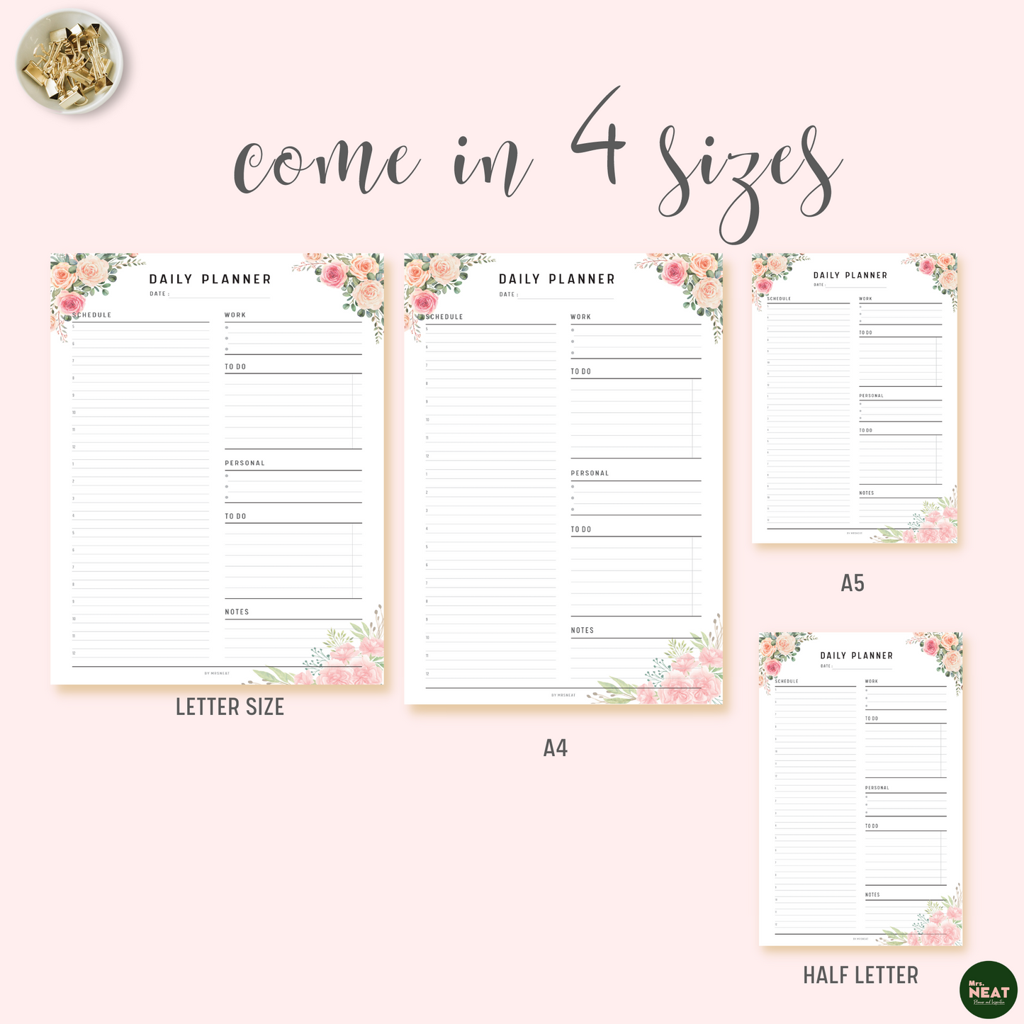 Floral Work from Home Planner Printable in A4, A5, Letter and Half Letter size