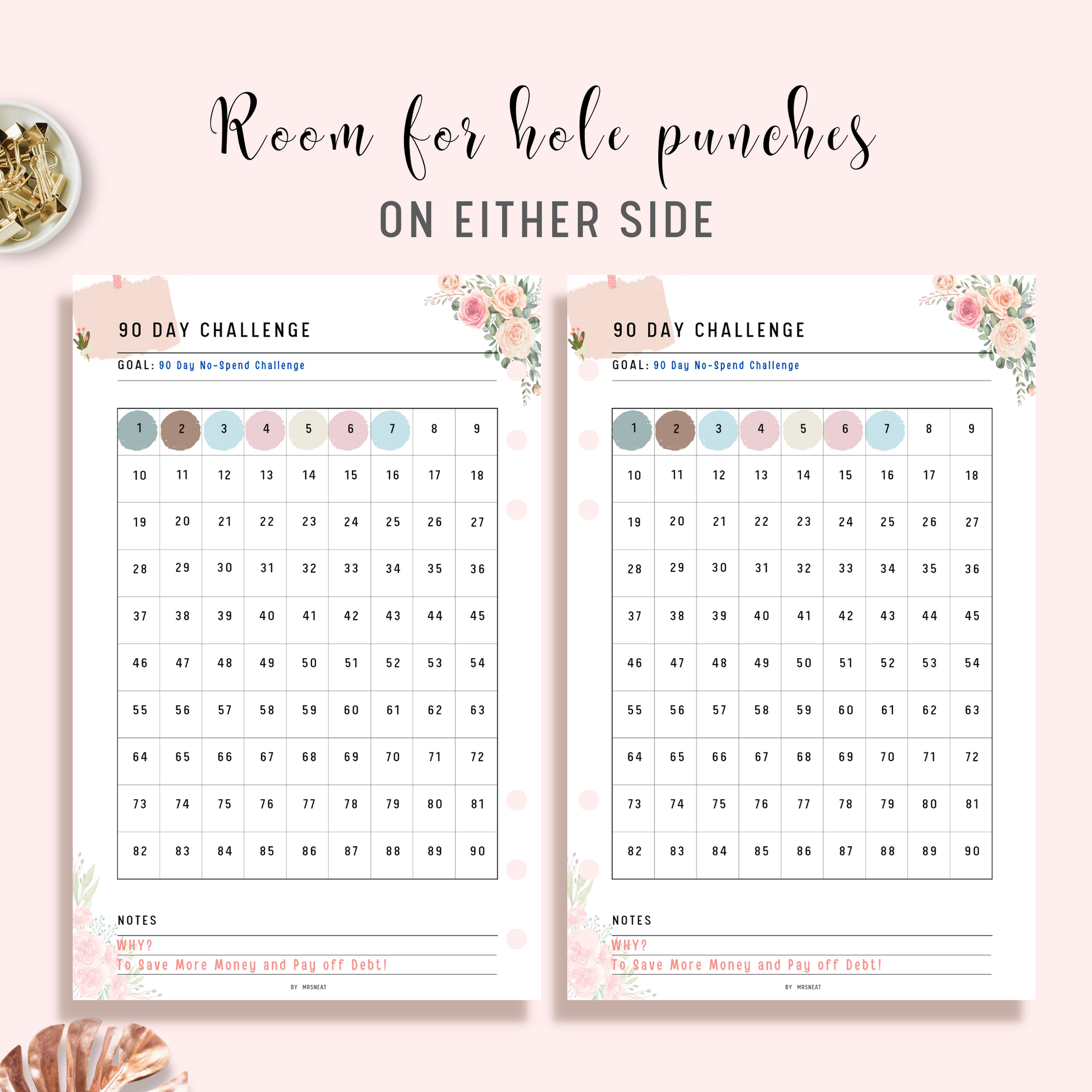 Cute Floral 90 Day Challenge Habit Tracker Printable Planner with room for hole punches on either side