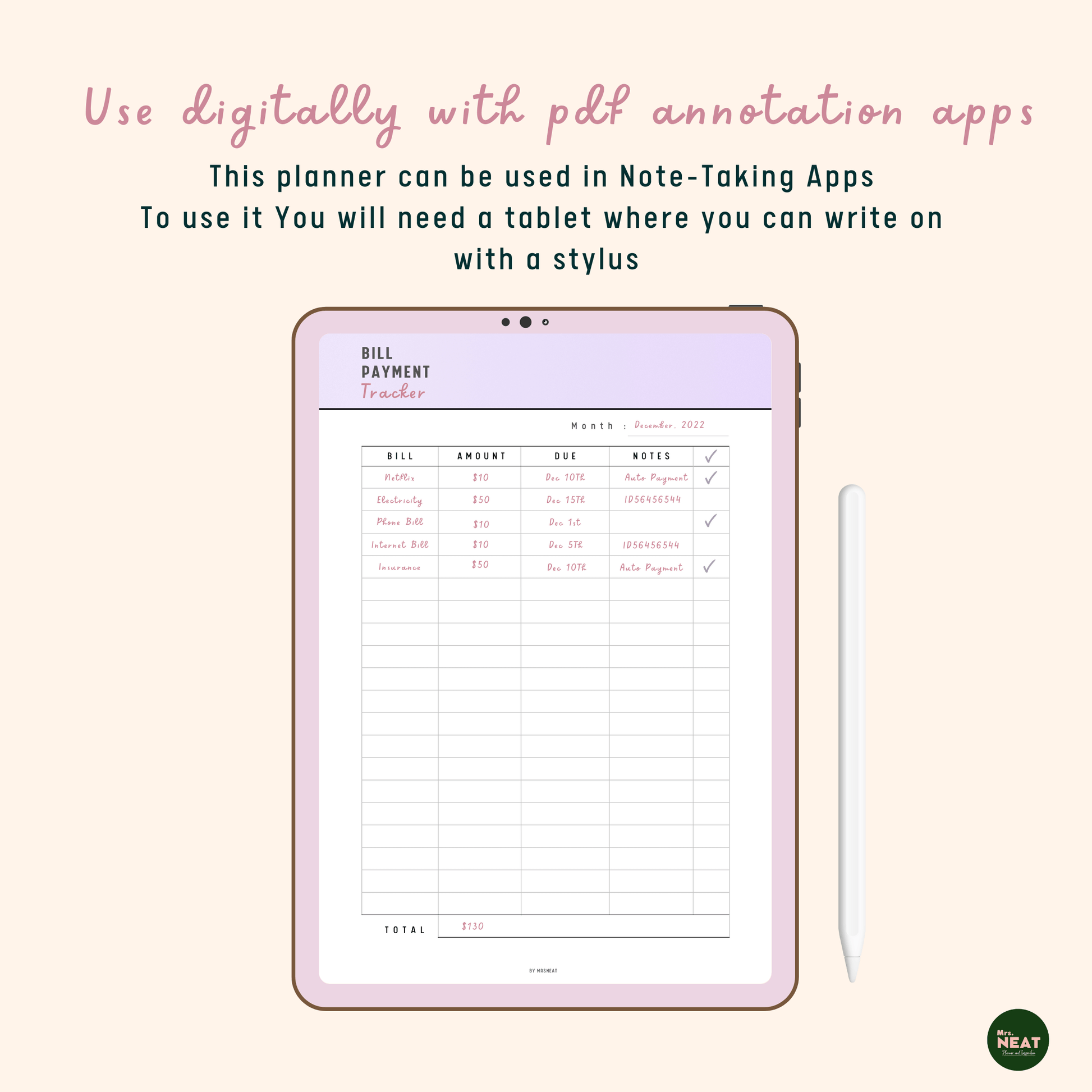 Cute Purple Bill Payment Tracker use digitally on tablet and stylus