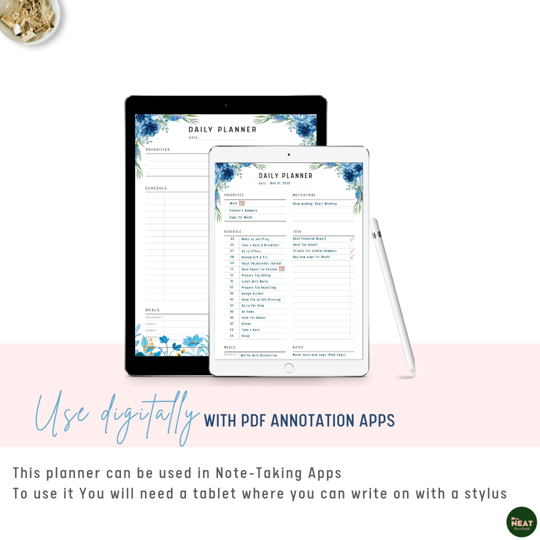 Blue Floral Daily Planner used Digitally with Tablet and Stylus 
