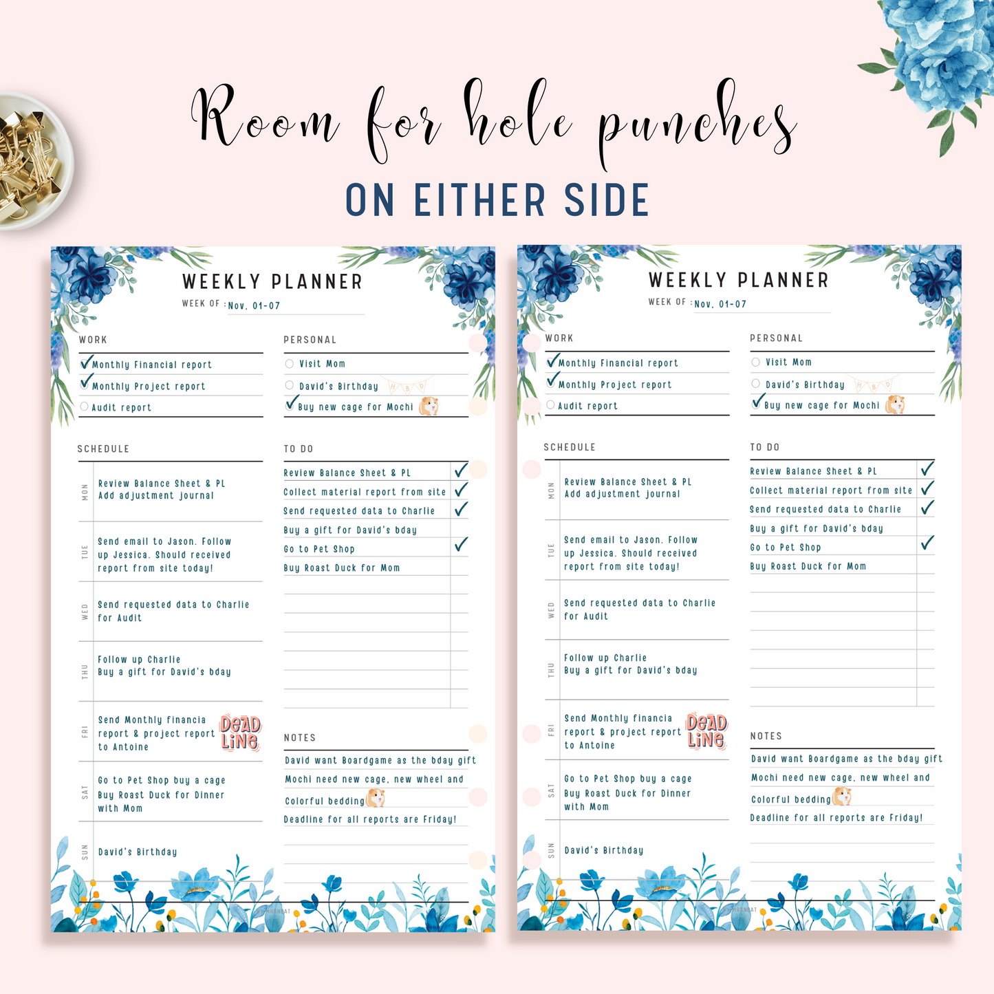Blue Floral Weekly Planner Printable with room for hole punches on either size