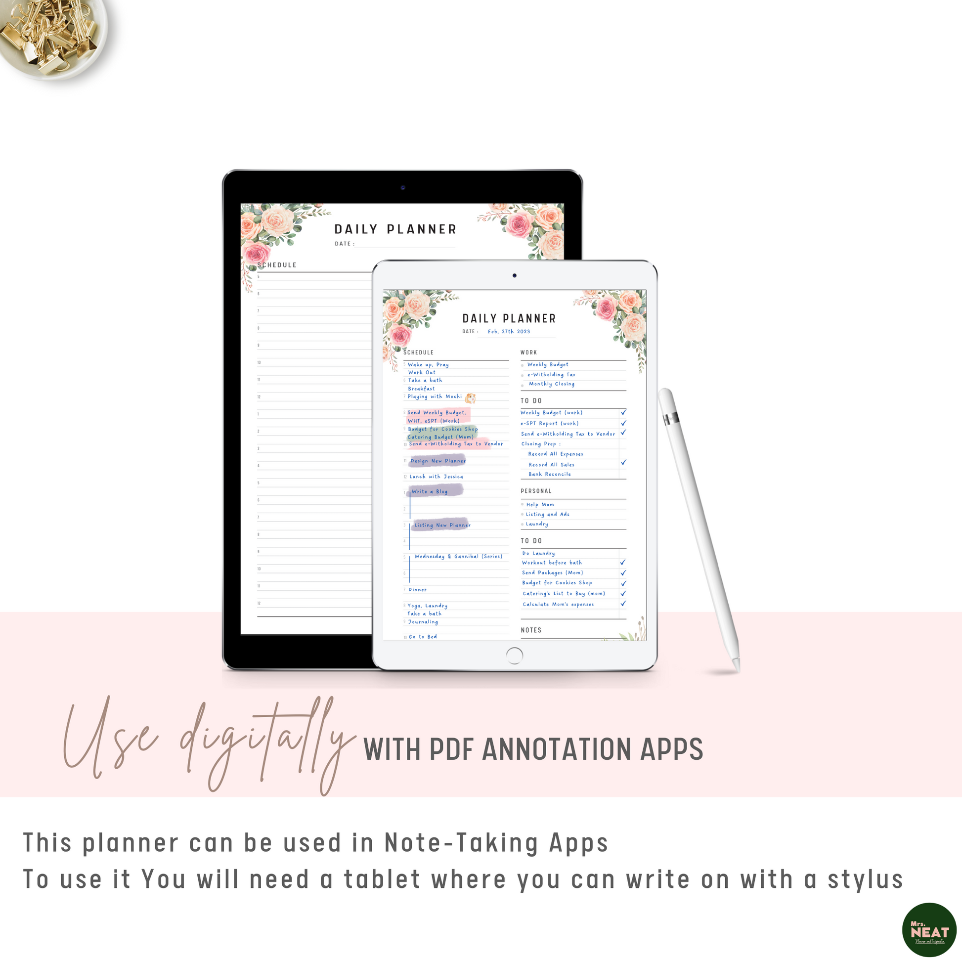 Floral Work from Home Planner used digitally with tablet and stylus