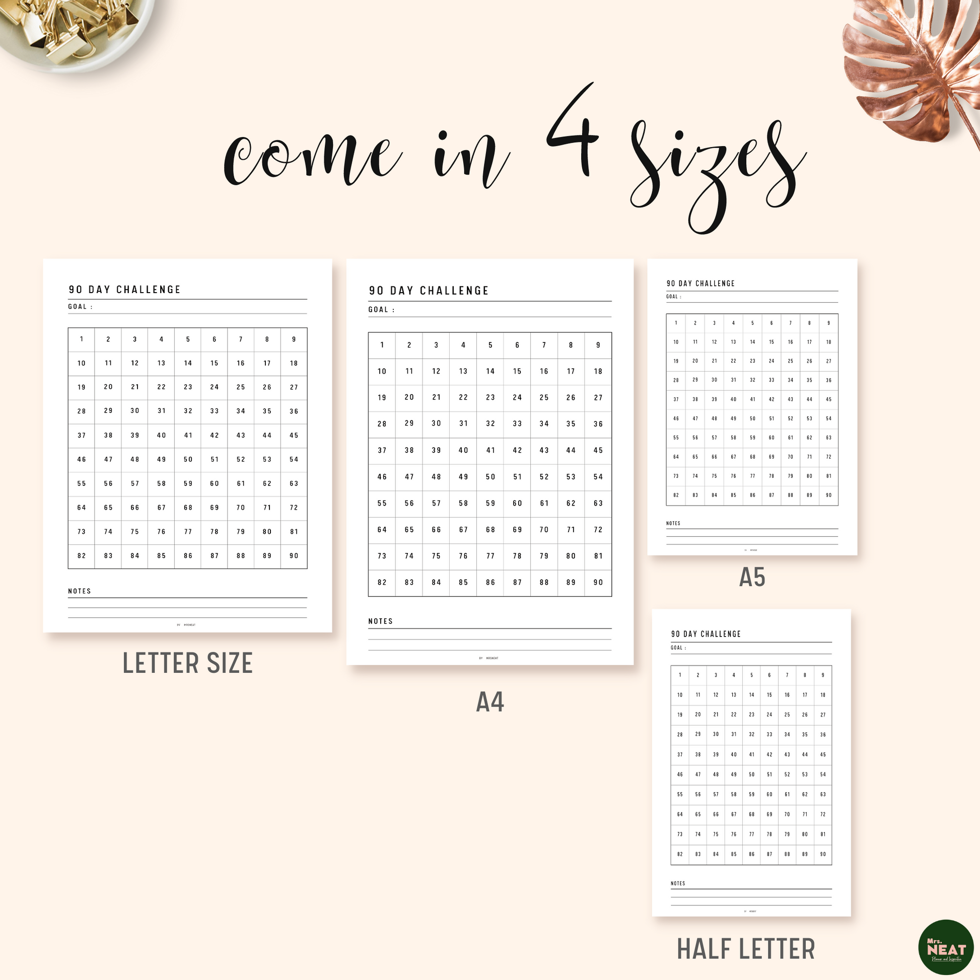 90 Day Challenge Habit Tracker Printable Planner in A4, A5, Letter and Half Letter size