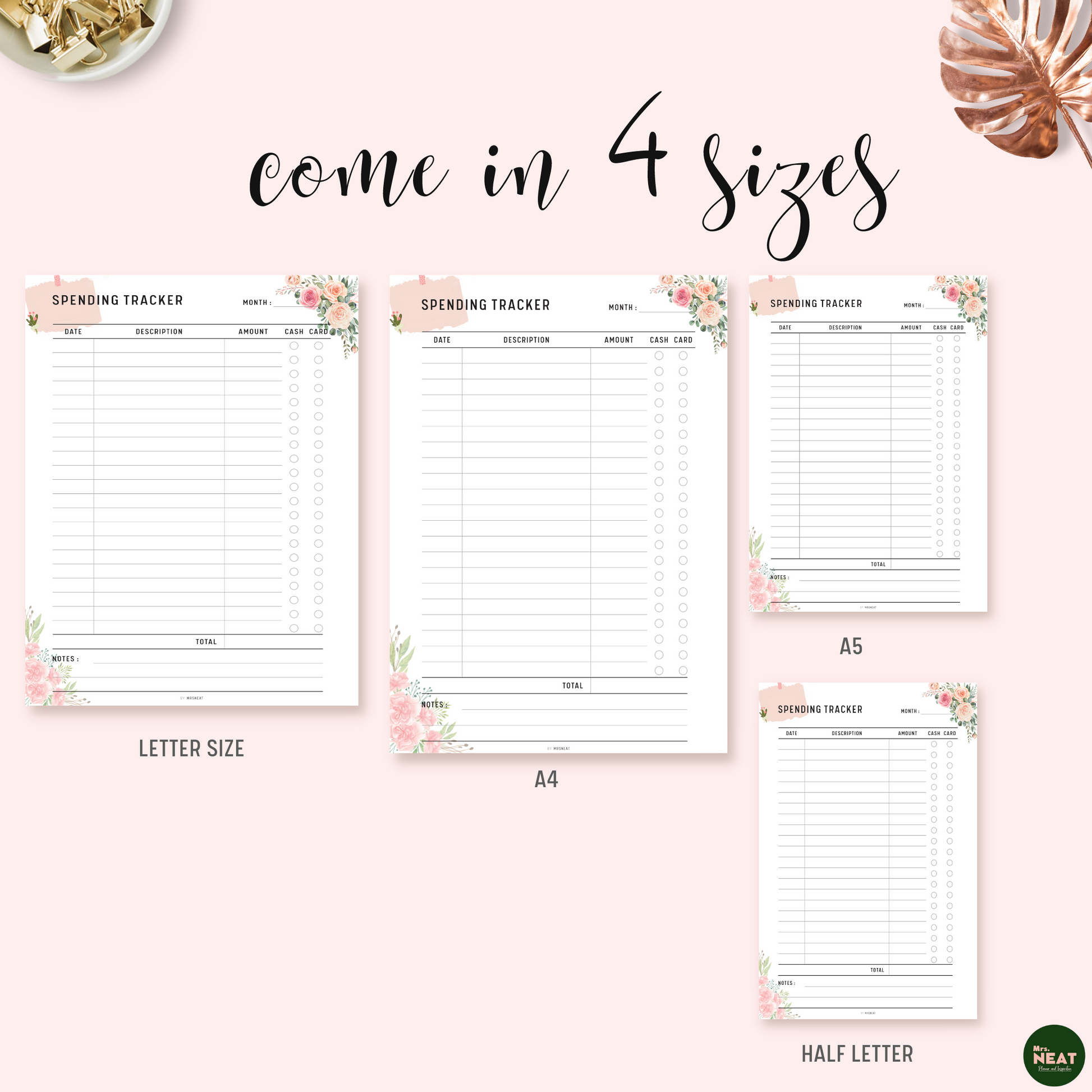 Floral Spending Tracker Printable Planner in A4, A5, Letter and Half Letter size