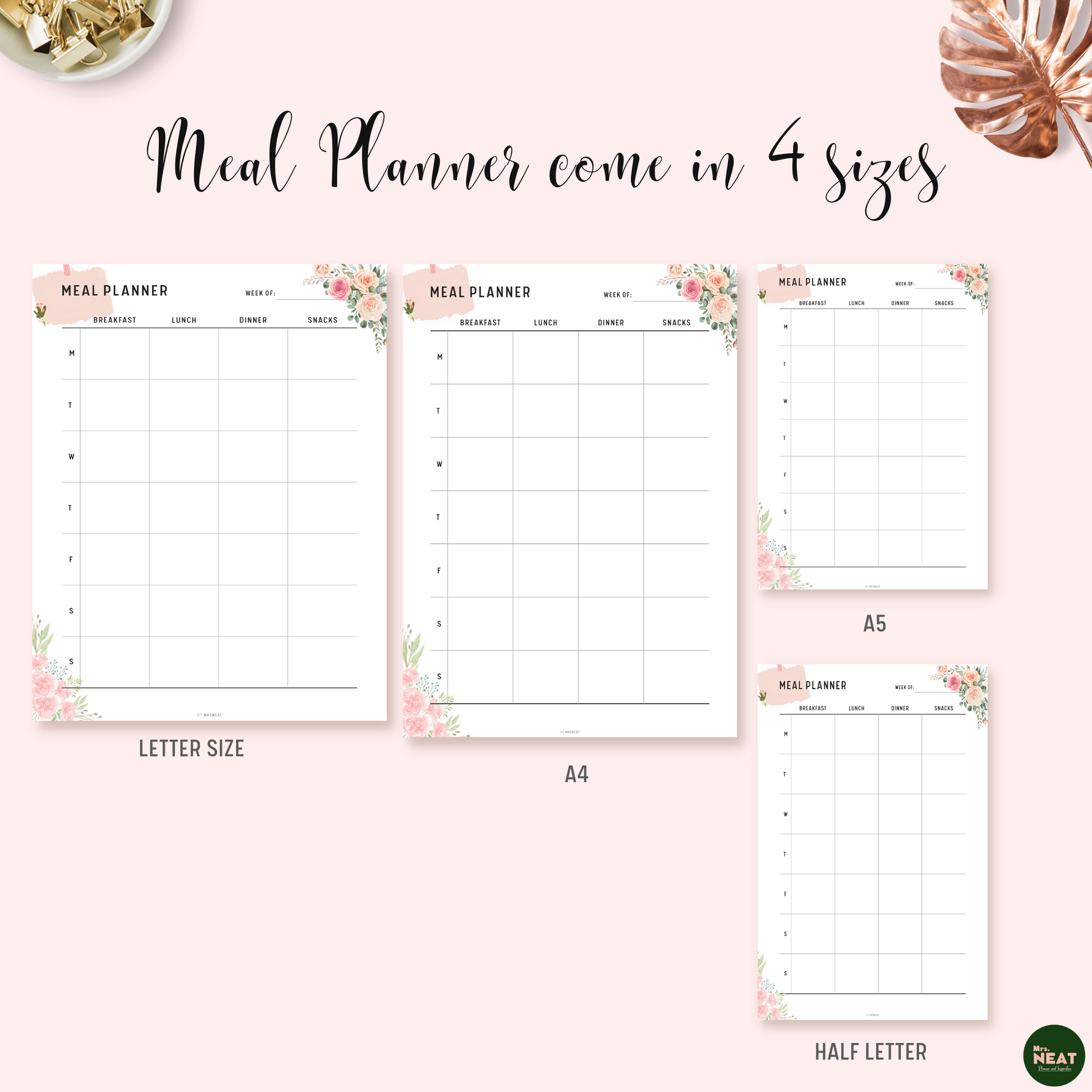 Floral Weekly Meal Planner Printable in A4, A5, Letter and Half Letter size