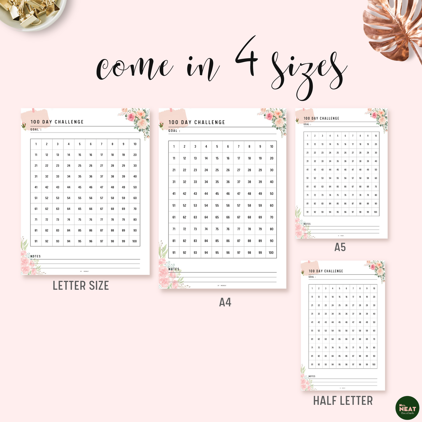 Floral 100 Day Challenge Habit Tracker Printable Planner in A4, A5, Letter and Half Letter size