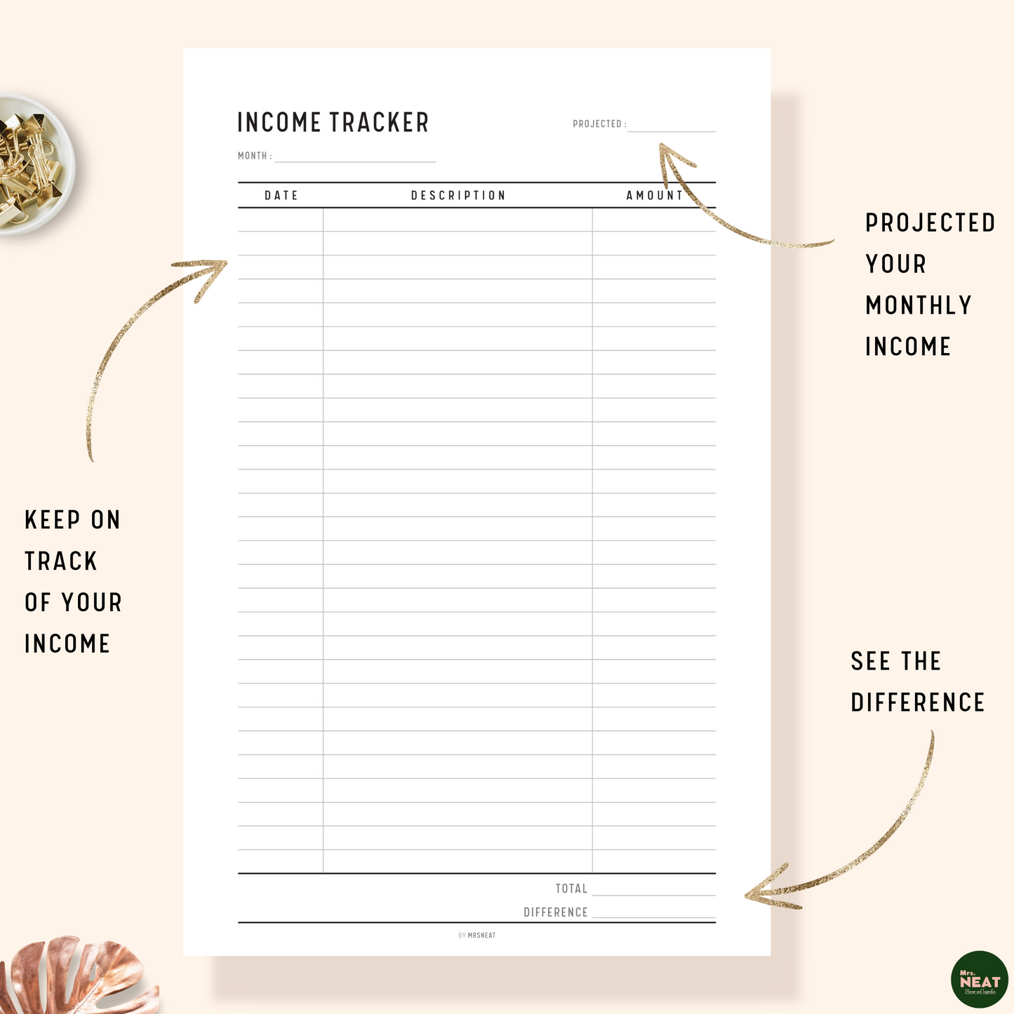 Income Tracker Planner with room for monthly projected, actual incomes, total and differences
