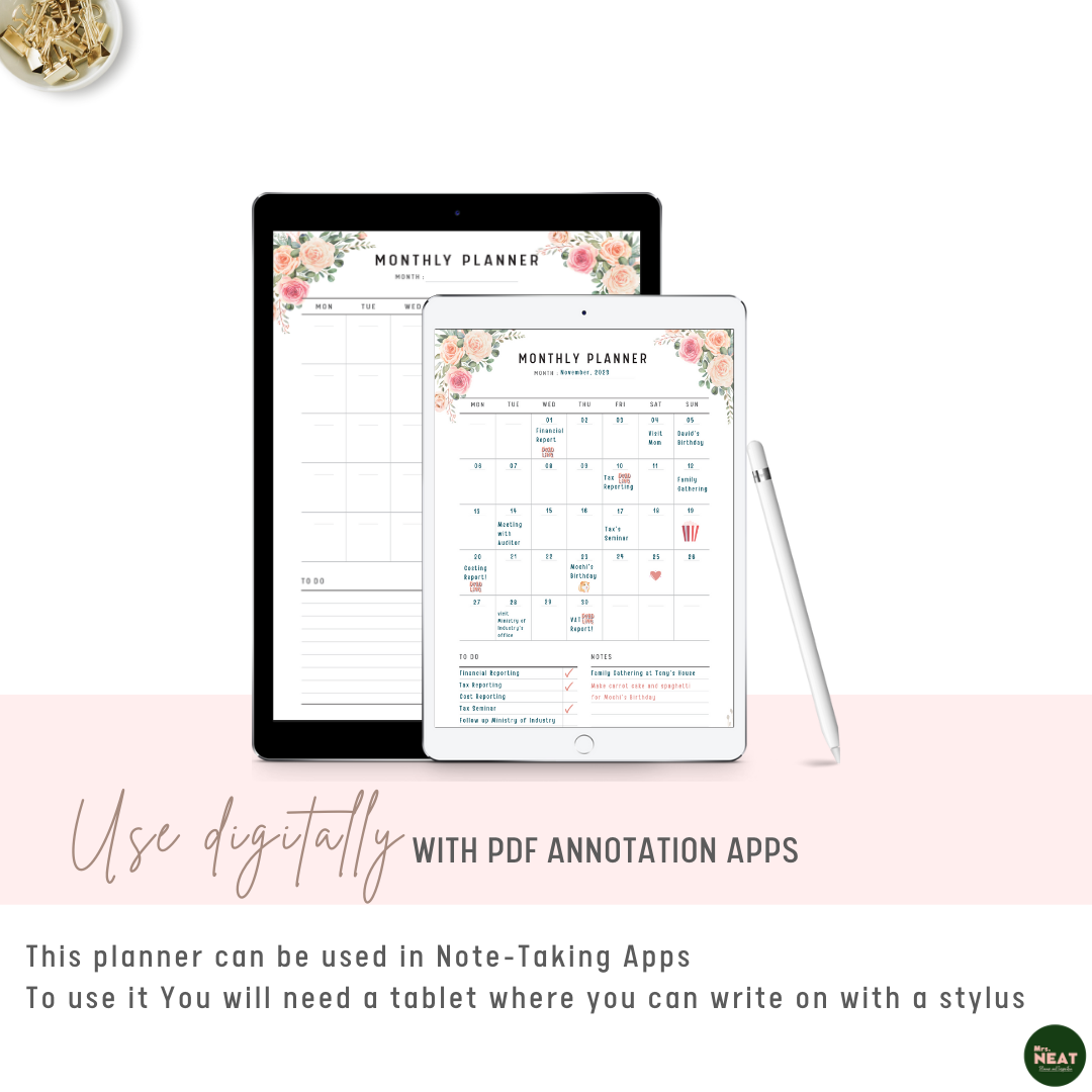 Pink Floral Monthly Planner used digitally with Tablet and Stylus