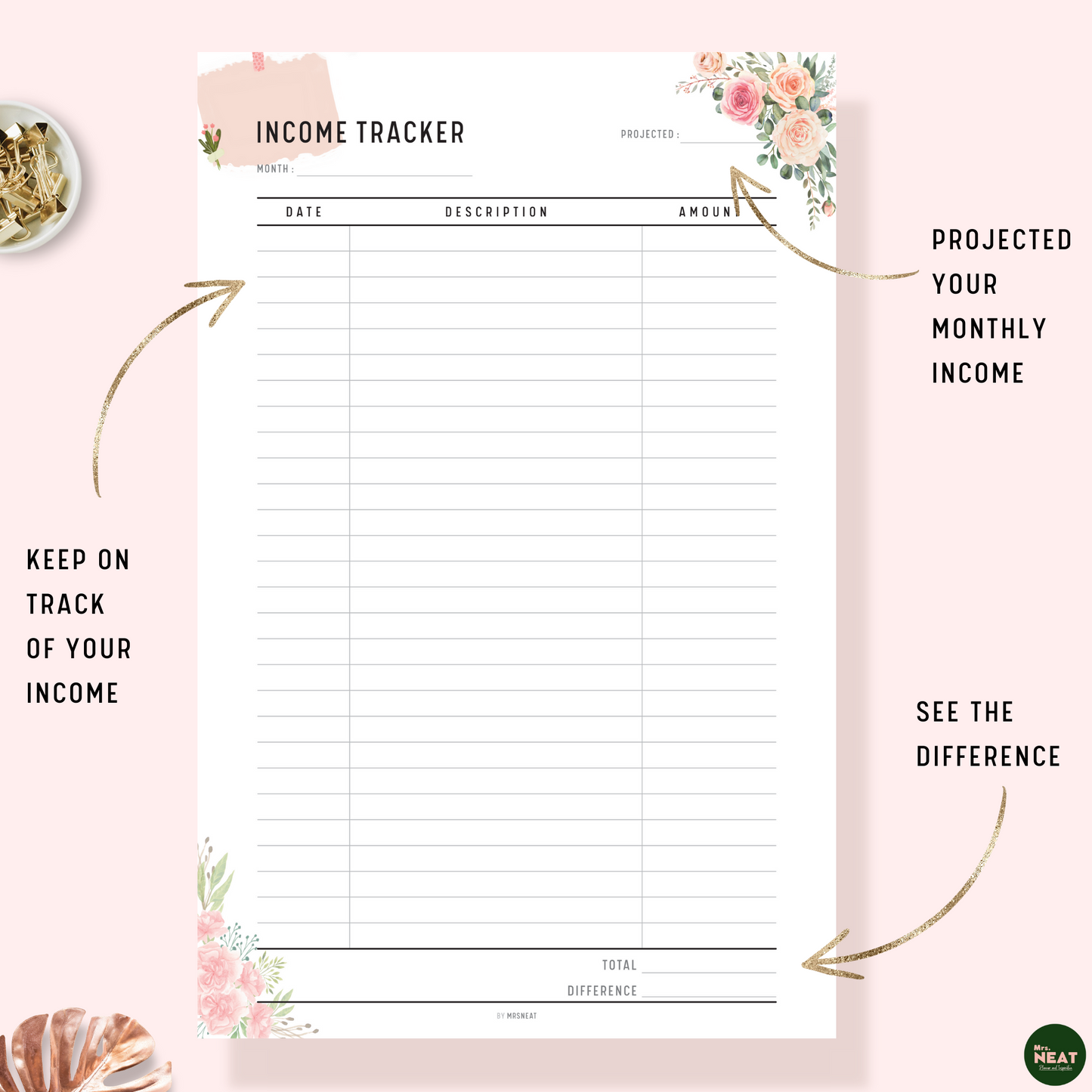 Floral Income Tracker Planner with room for monthly projected, actual incomes, total and differences
