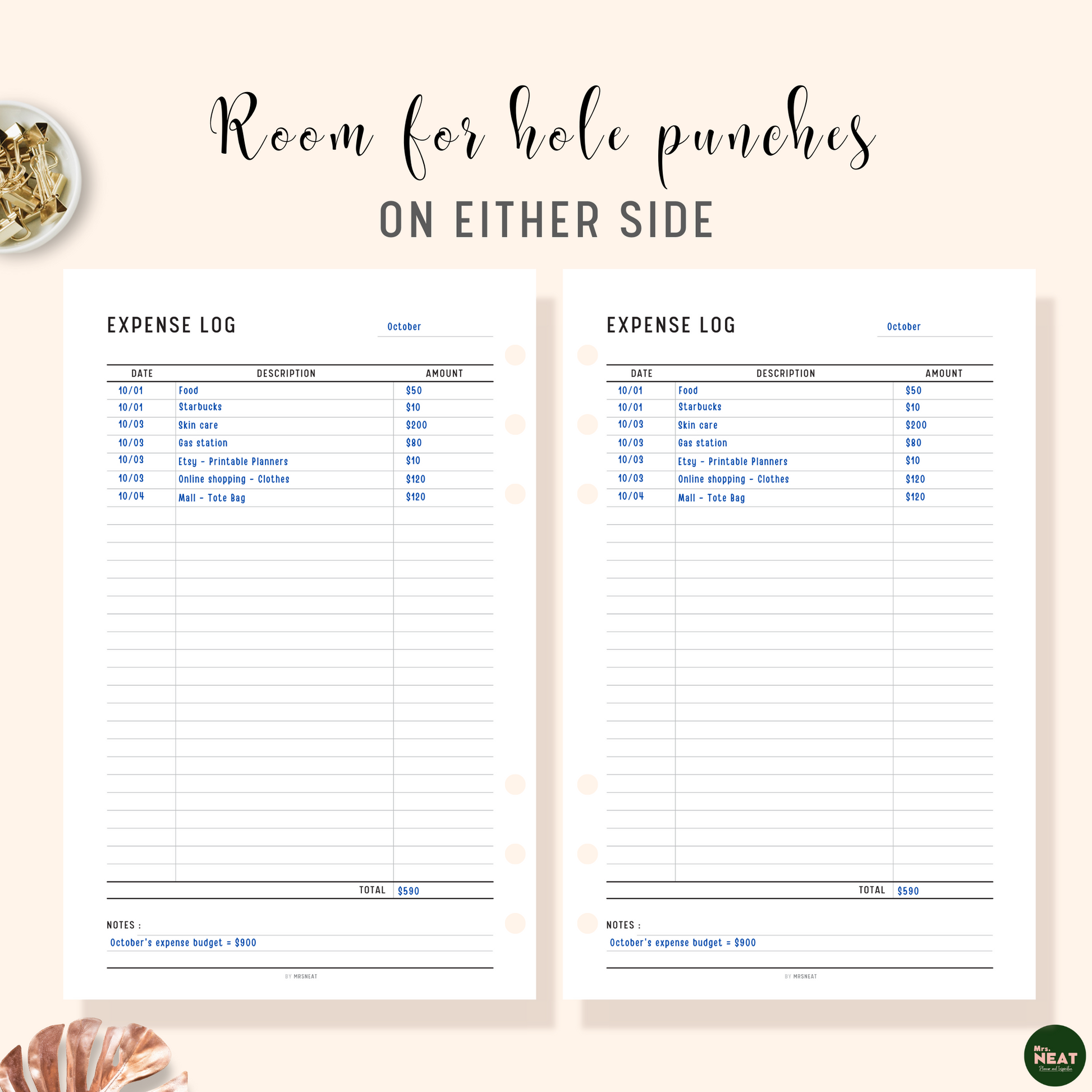 Expense Log Tracker Printable Planner with room for hole punches on either side