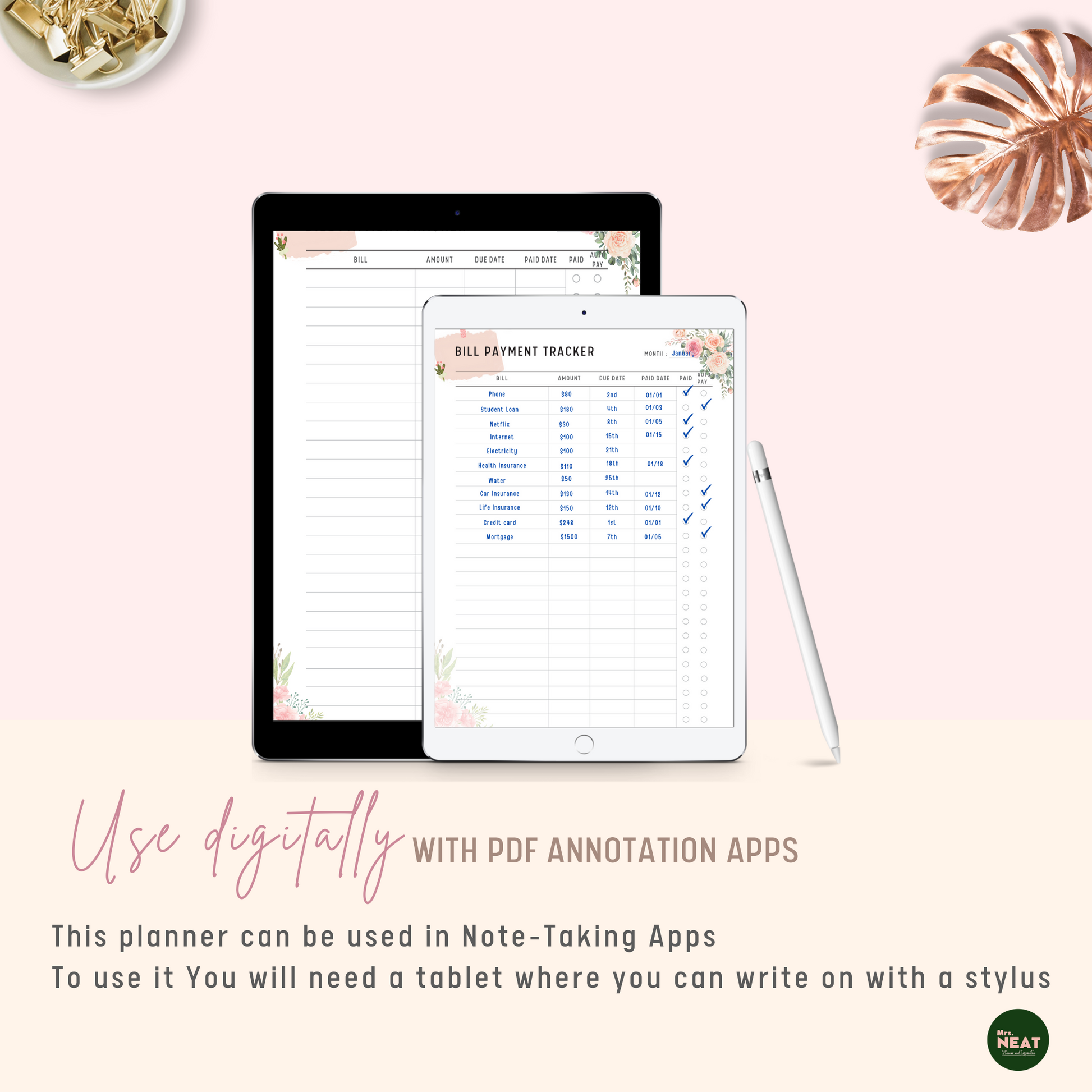 Floral Monthly Bill Payment Tracker Planner used Digitally with Tablet and Stylus 