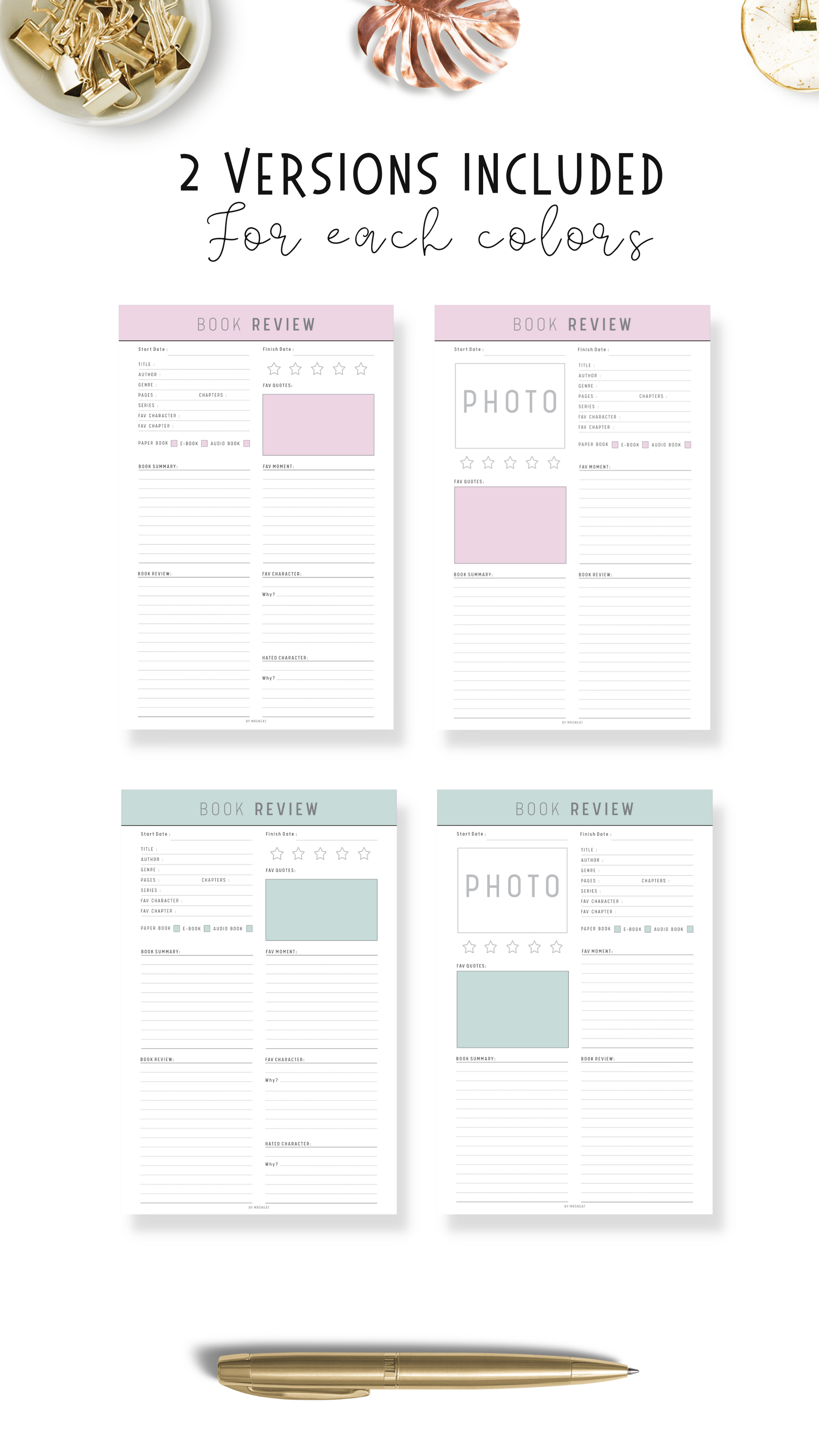 2 Versions Book Review Planner in Beautiful Purple and Green Color