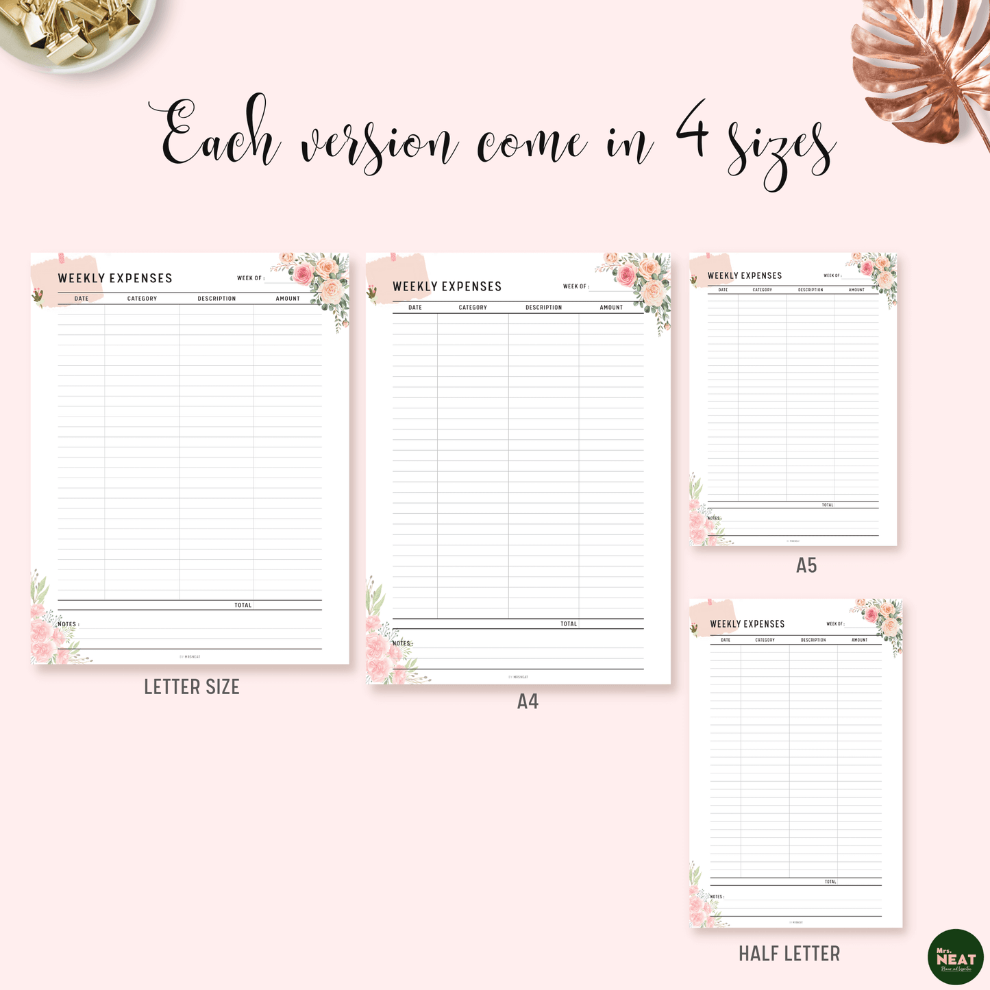 Floral Weekly Expenses Tracker Planner Printable in A4, A5, Letter and Half Letter size