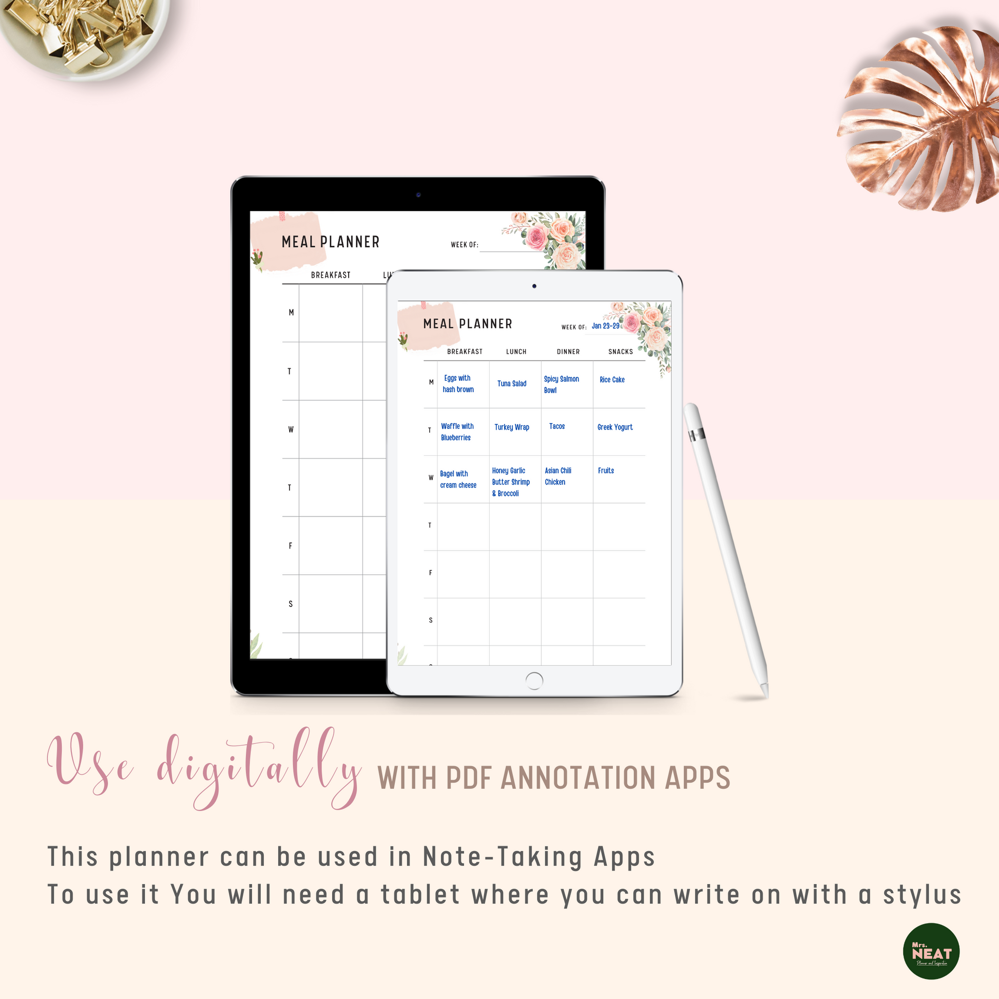 Cute Pink Floral Weekly Meal Planner used Digitally with Tablet and Stylus