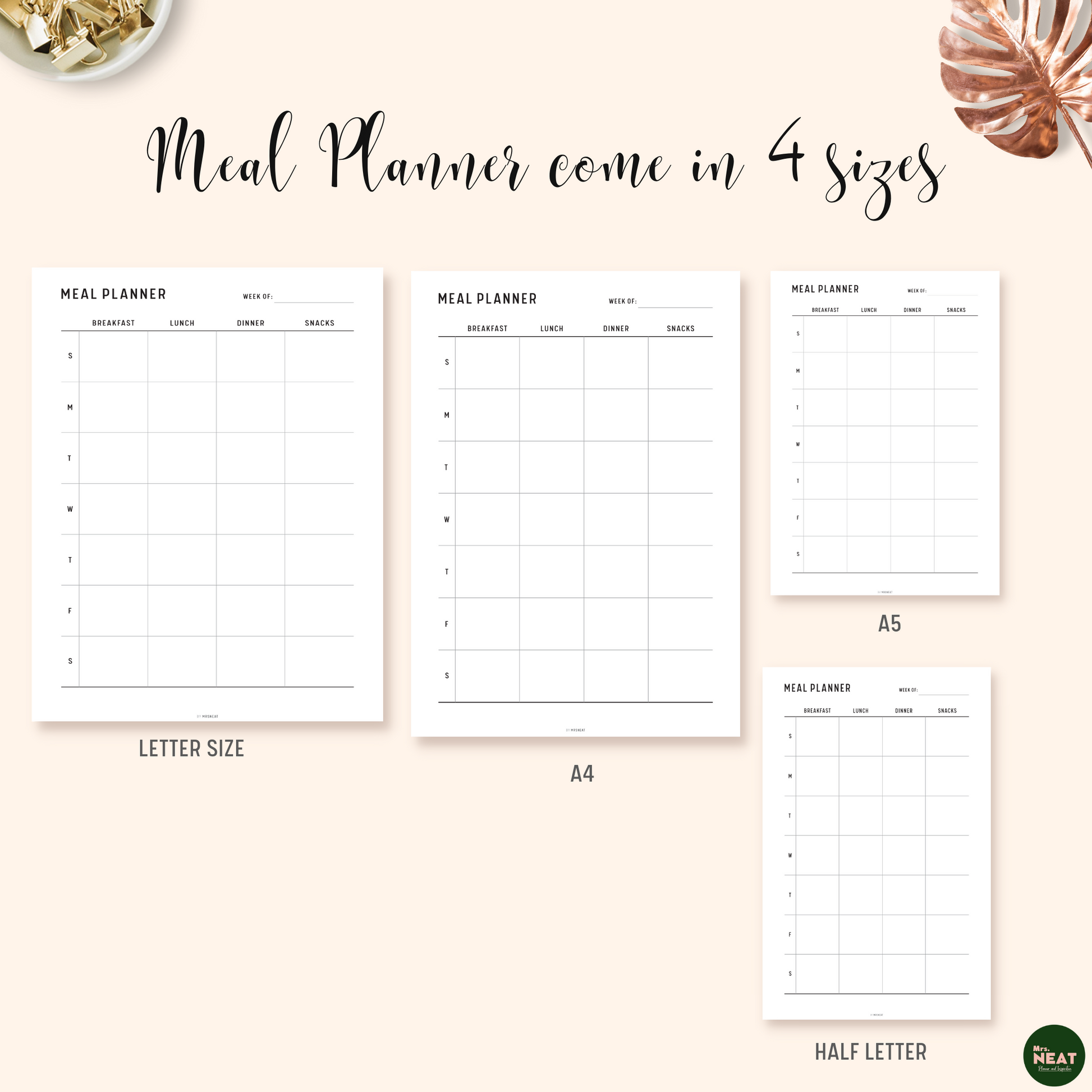 Minimalist Weekly Meal Planner Printable in A4, A5, Letter and Half Letter size