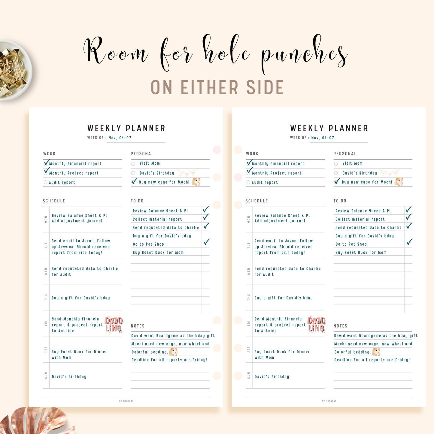 Minimalist Weekly Planner Printable with room for hole punches on either side